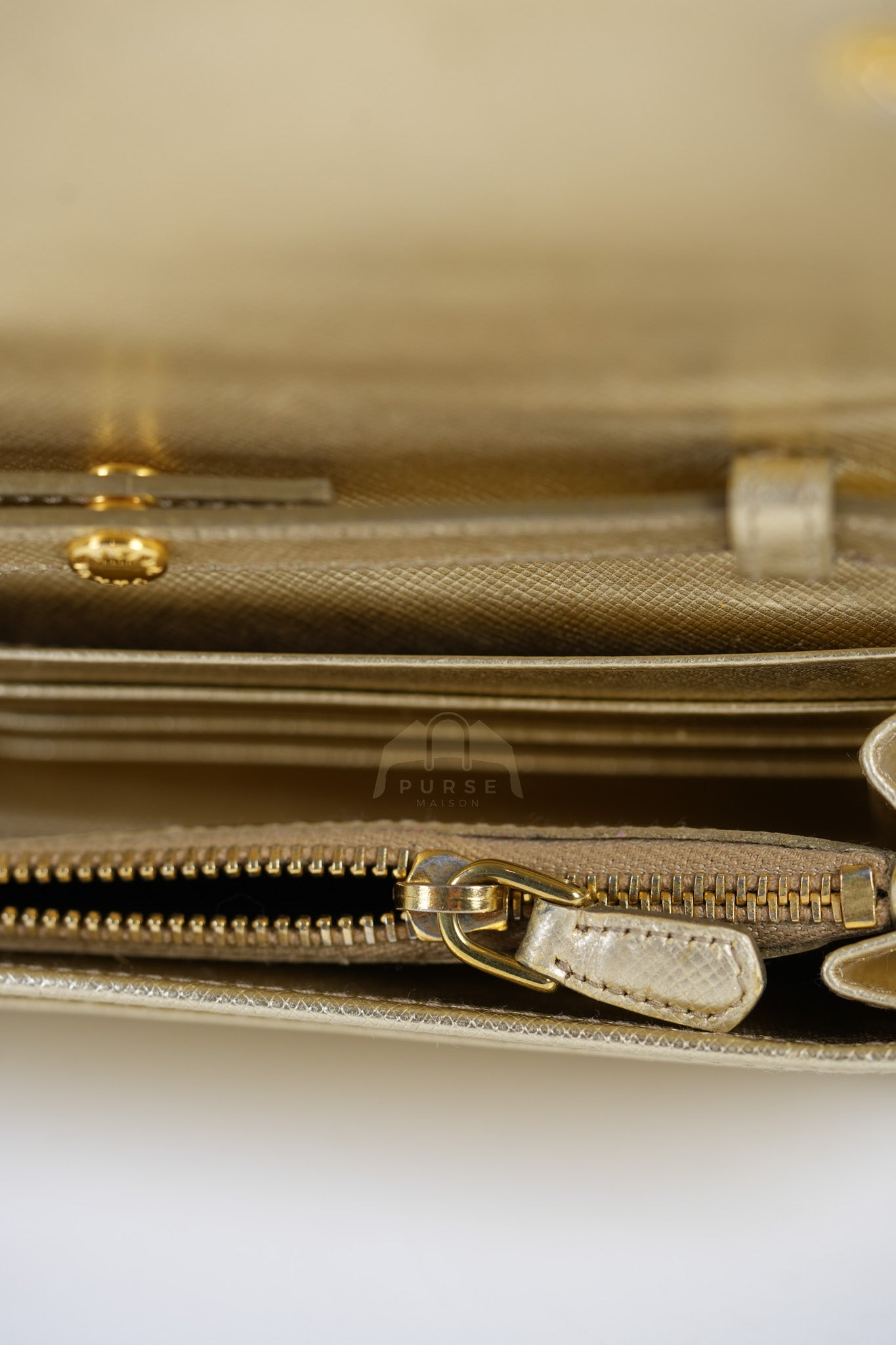 Wallet on Chain in Gold Saffiano Metal Leather & Gold Hardware | Purse Maison Luxury Bags Shop