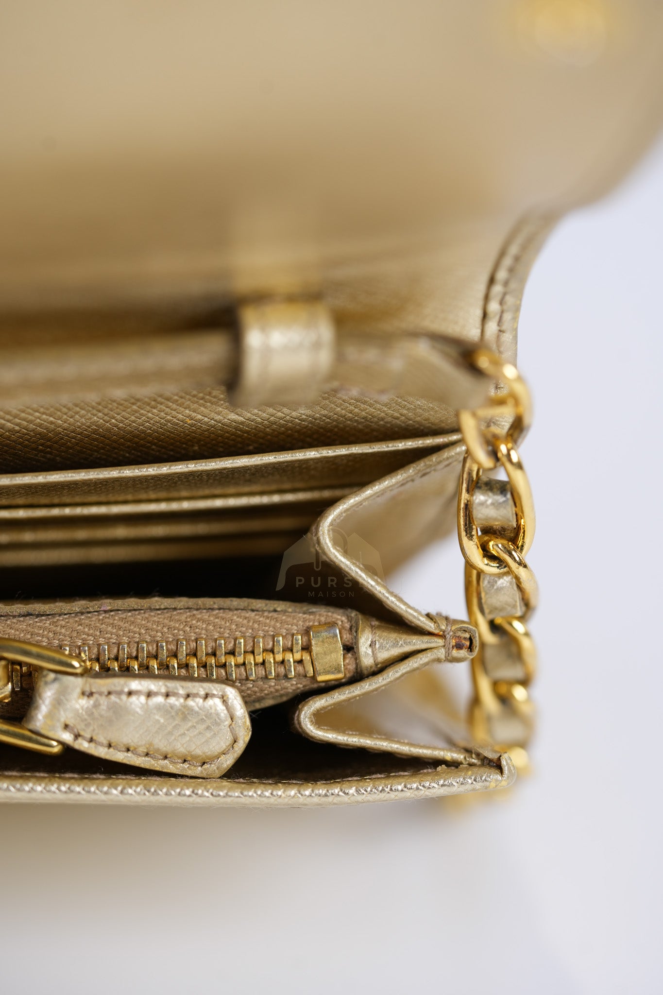 Wallet on Chain in Gold Saffiano Metal Leather & Gold Hardware | Purse Maison Luxury Bags Shop