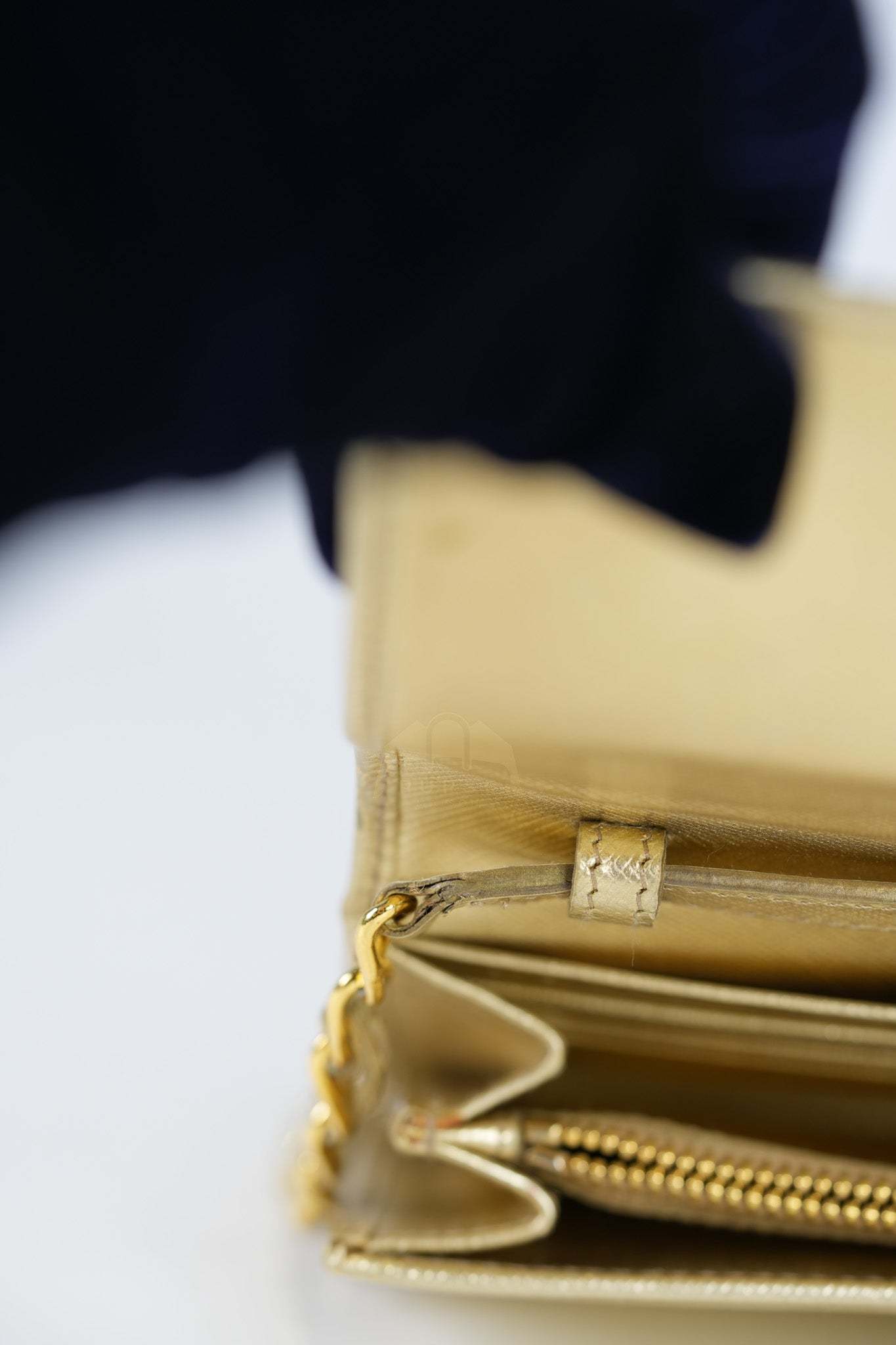 Wallet on Chain in Gold Saffiano Metal Leather & Gold Hardware | Purse Maison Luxury Bags Shop