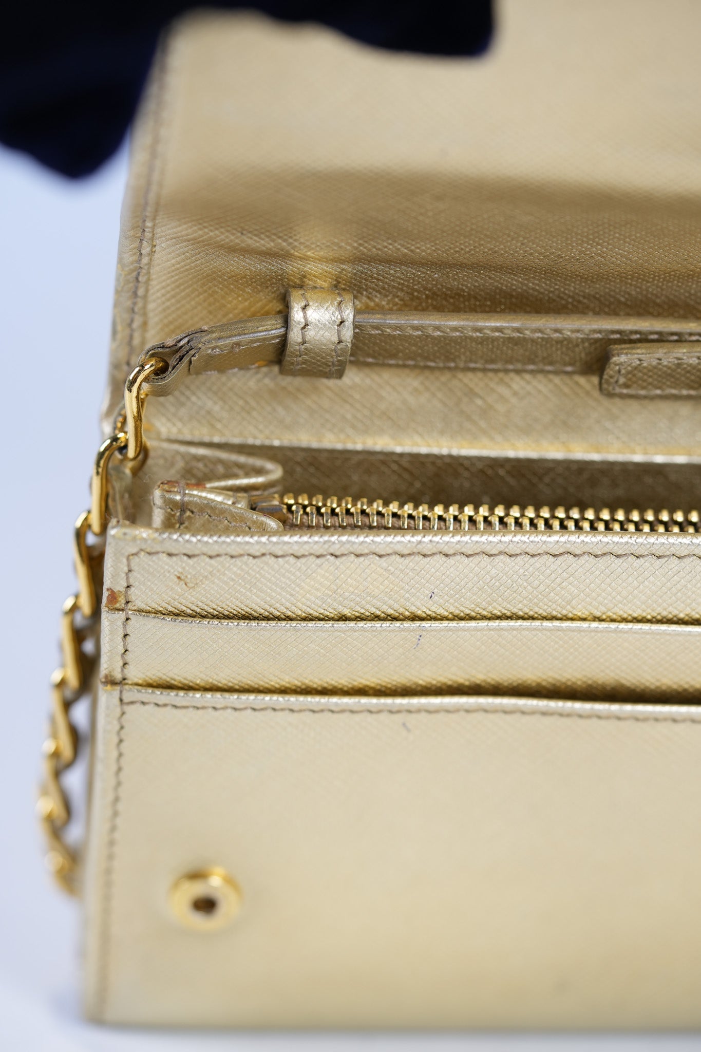 Wallet on Chain in Gold Saffiano Metal Leather & Gold Hardware | Purse Maison Luxury Bags Shop
