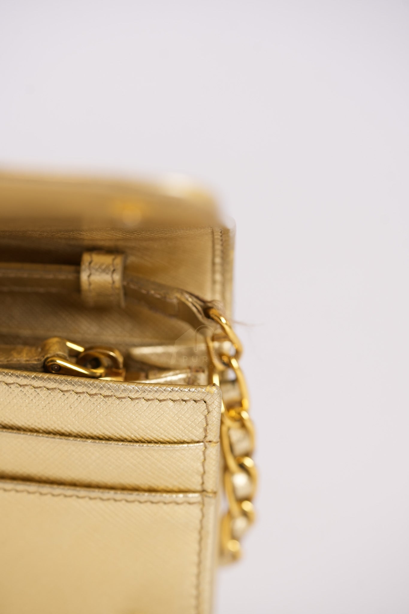 Wallet on Chain in Gold Saffiano Metal Leather & Gold Hardware | Purse Maison Luxury Bags Shop