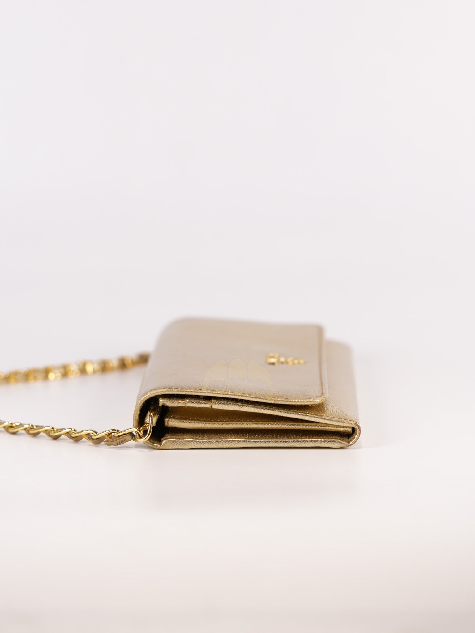 Wallet on Chain in Gold Saffiano Metal Leather & Gold Hardware | Purse Maison Luxury Bags Shop