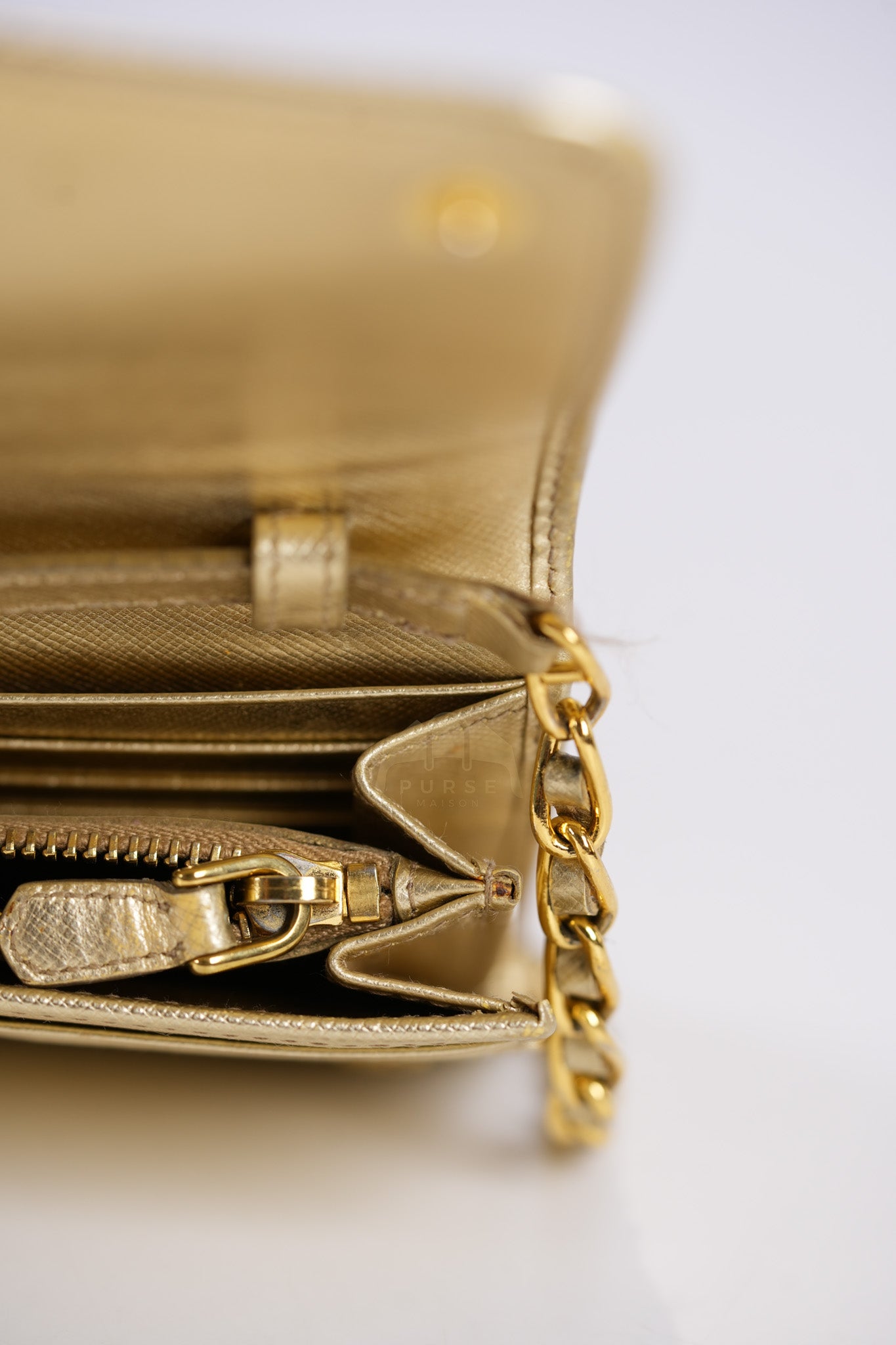 Wallet on Chain in Gold Saffiano Metal Leather & Gold Hardware | Purse Maison Luxury Bags Shop