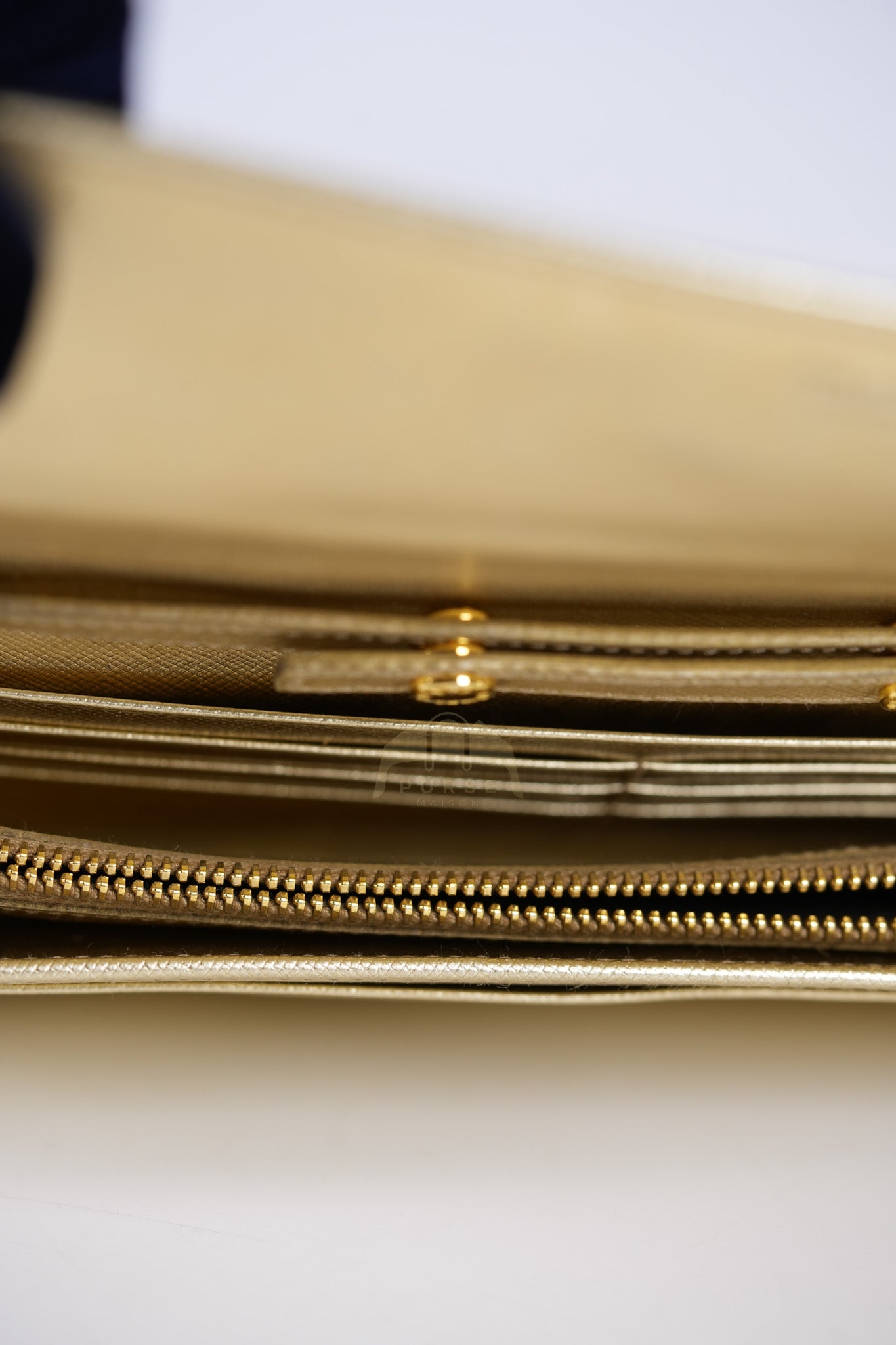 Wallet on Chain in Gold Saffiano Metal Leather & Gold Hardware | Purse Maison Luxury Bags Shop