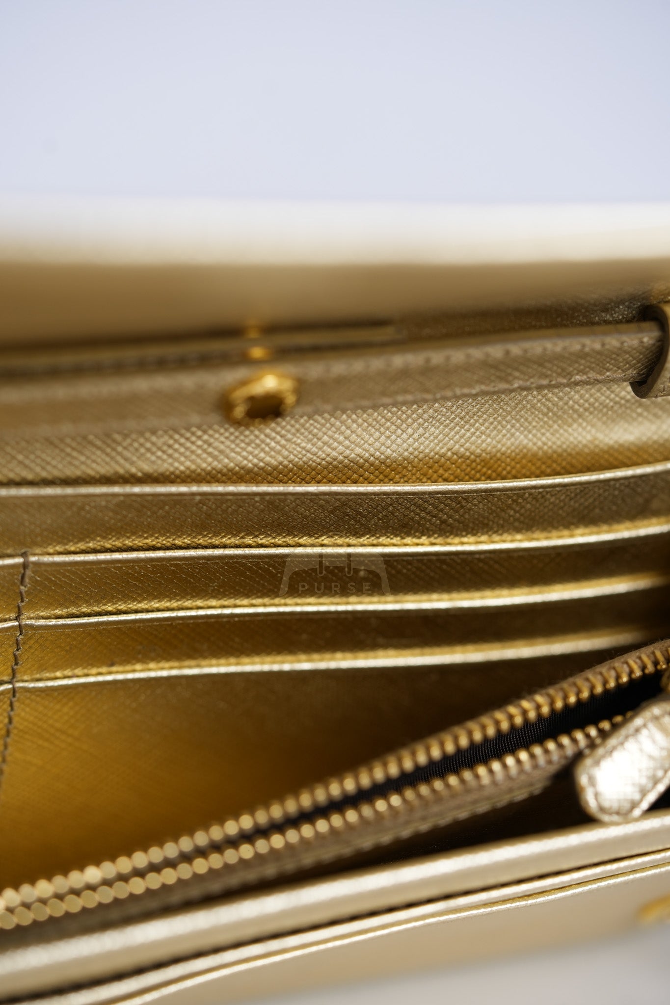 Wallet on Chain in Gold Saffiano Metal Leather & Gold Hardware | Purse Maison Luxury Bags Shop