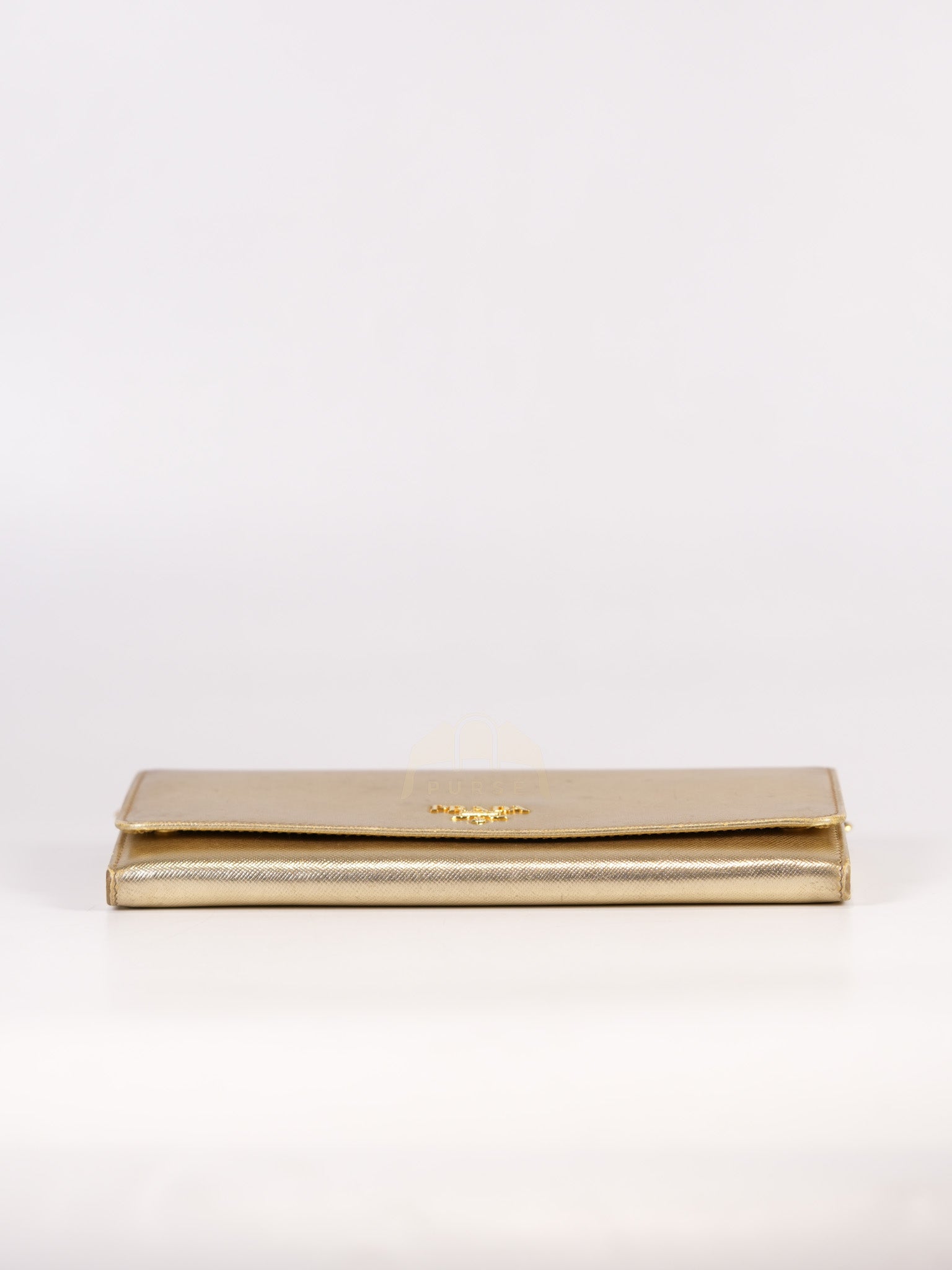 Wallet on Chain in Gold Saffiano Metal Leather & Gold Hardware | Purse Maison Luxury Bags Shop