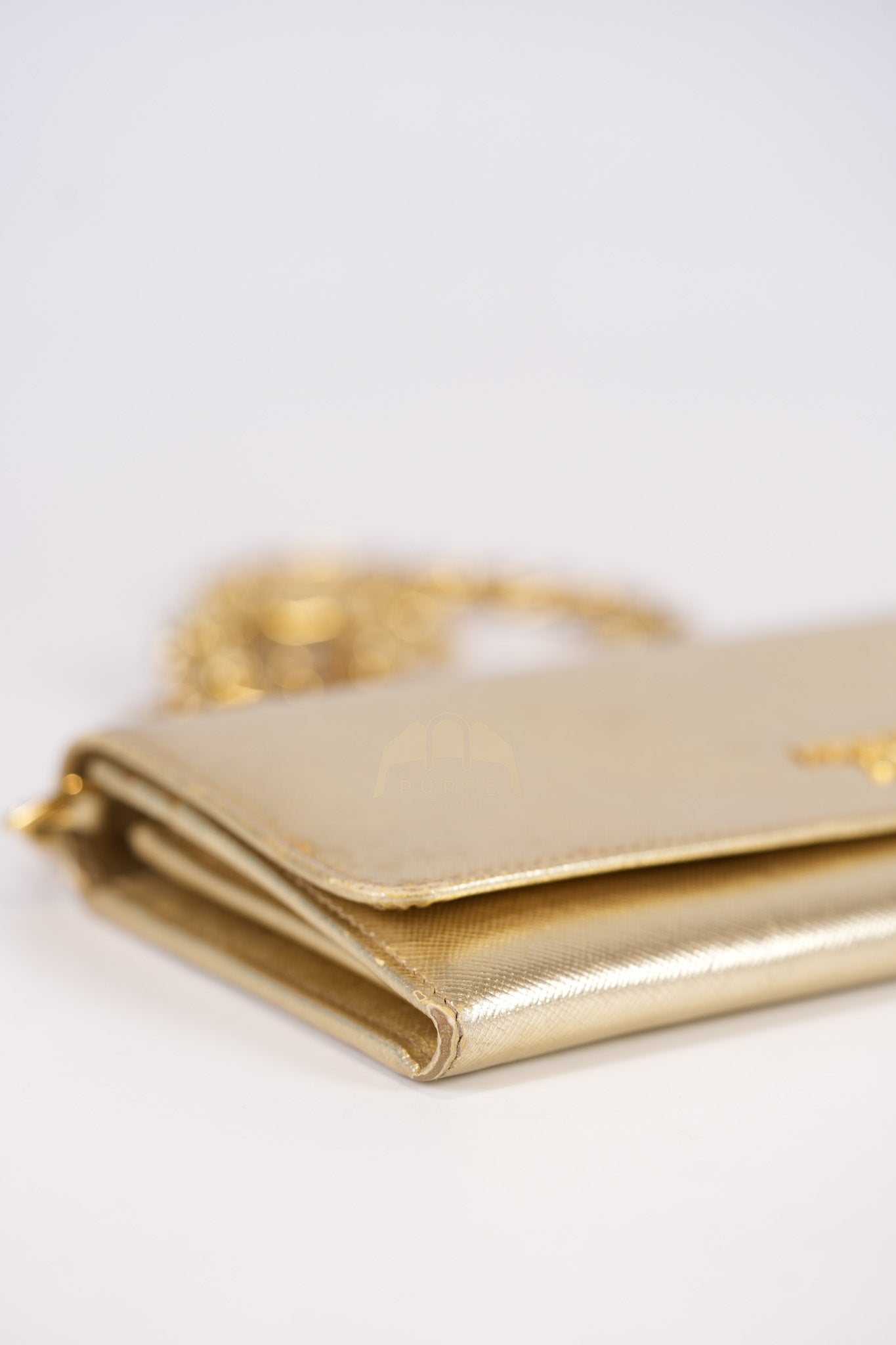 Wallet on Chain in Gold Saffiano Metal Leather & Gold Hardware | Purse Maison Luxury Bags Shop