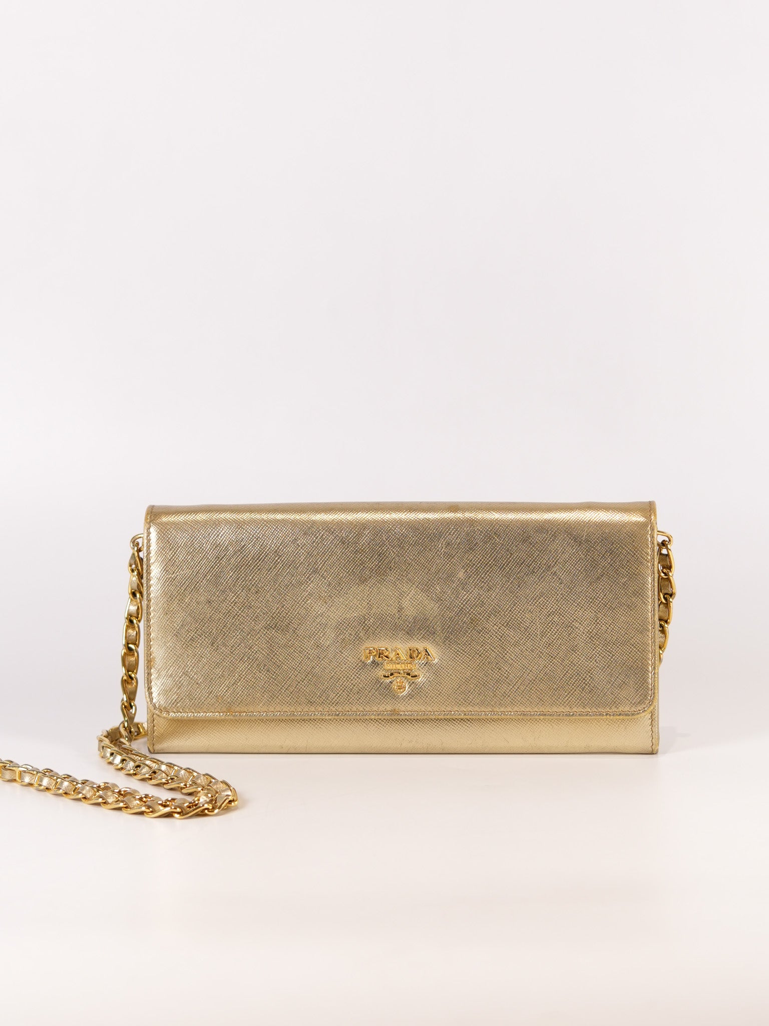 Wallet on Chain in Gold Saffiano Metal Leather & Gold Hardware | Purse Maison Luxury Bags Shop