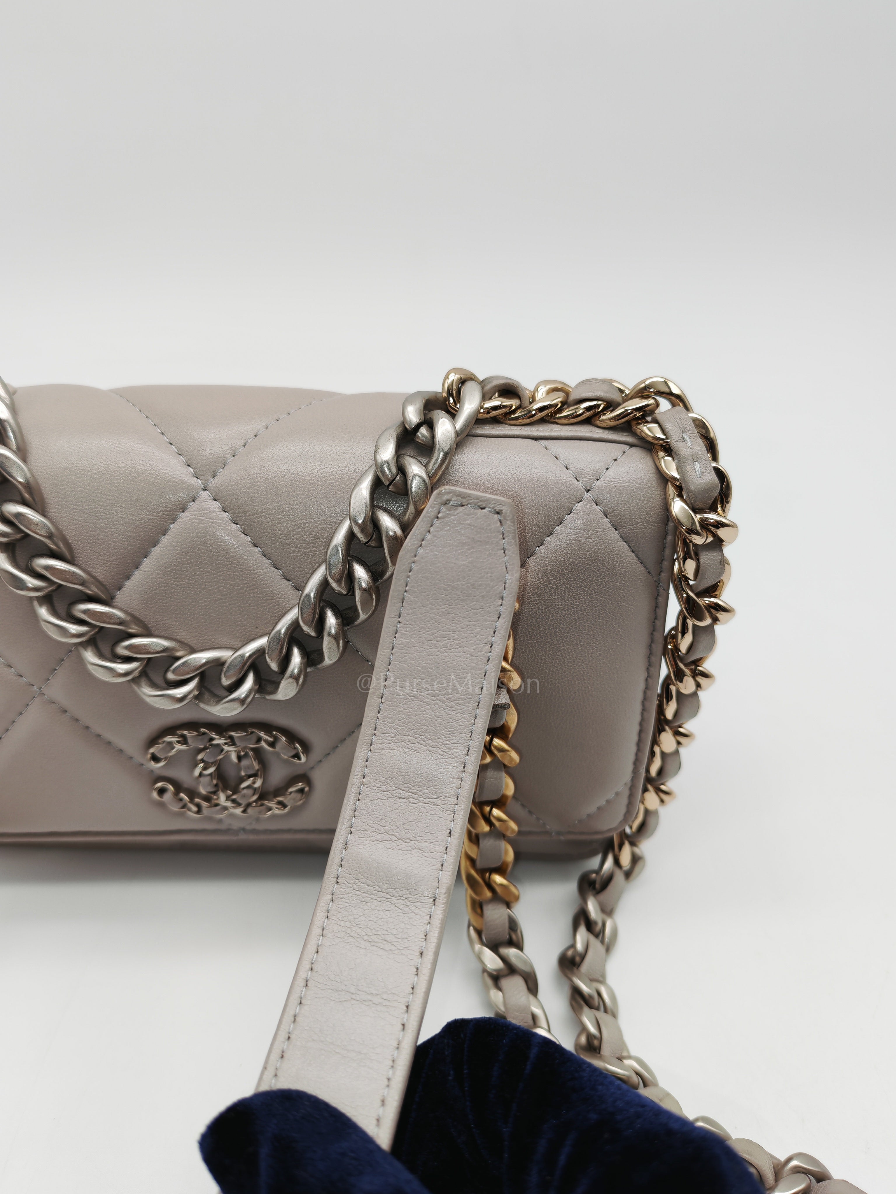 Wallet on Chain in Gray Lambskin Leather & Mixed Hardware Microchip | Purse Maison Luxury Bags Shop