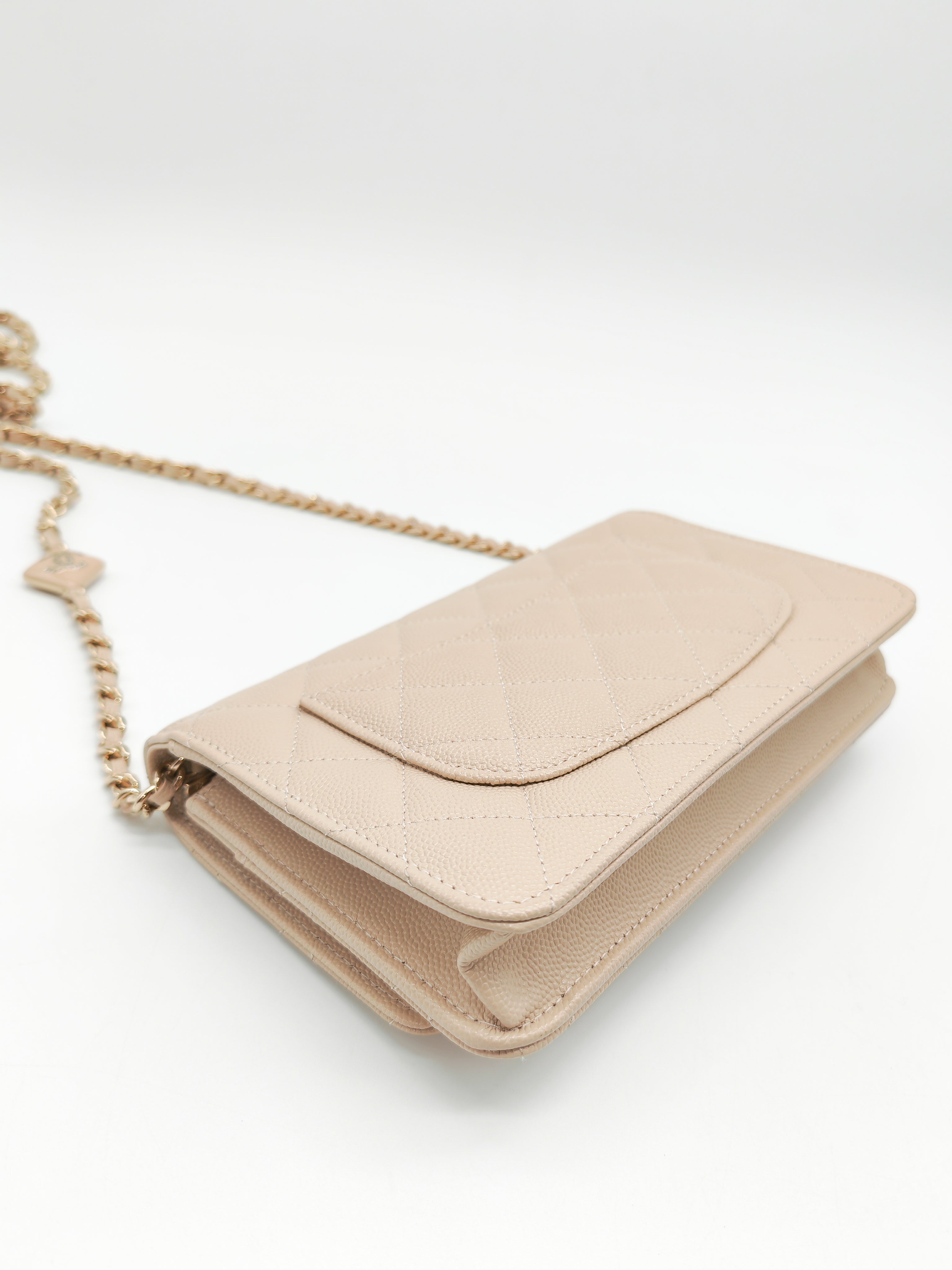 Wallet on Chain in Light Beige Quilted Caviar Leather & Light Gold Hardware Microchip | Purse Maison Luxury Bags Shop