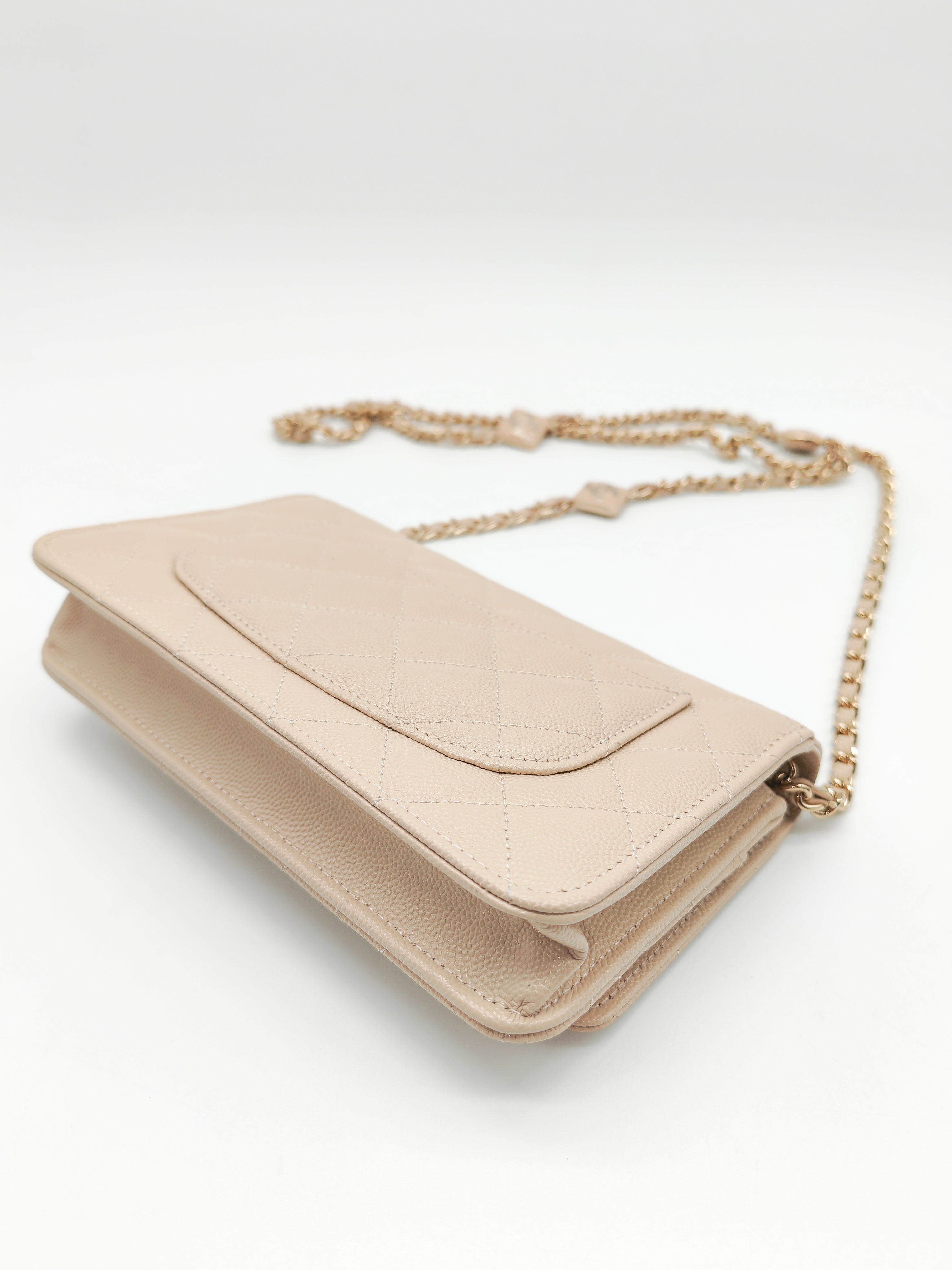 Wallet on Chain in Light Beige Quilted Caviar Leather & Light Gold Hardware Microchip | Purse Maison Luxury Bags Shop