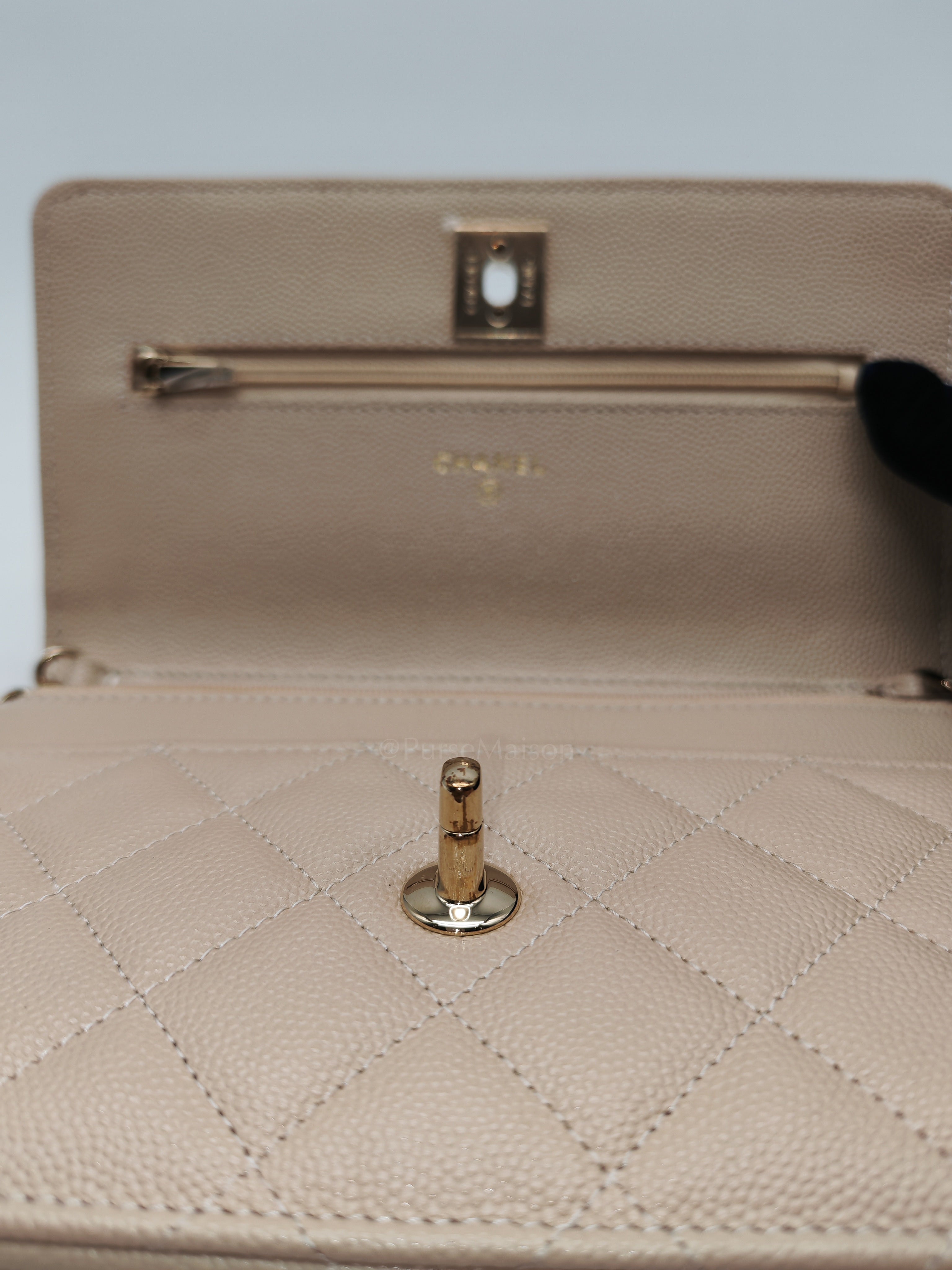 Wallet on Chain in Light Beige Quilted Caviar Leather & Light Gold Hardware Microchip | Purse Maison Luxury Bags Shop