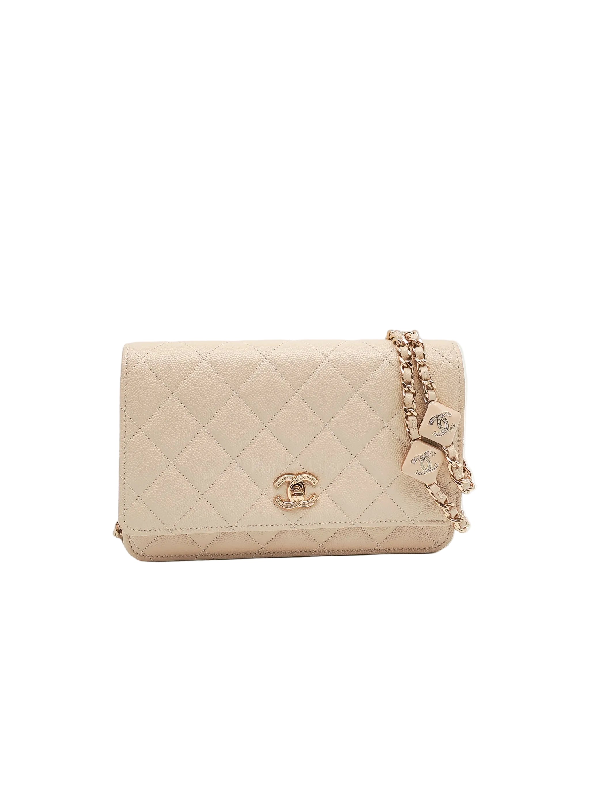 Wallet on Chain in Light Beige Quilted Caviar Leather & Light Gold Hardware Microchip | Purse Maison Luxury Bags Shop