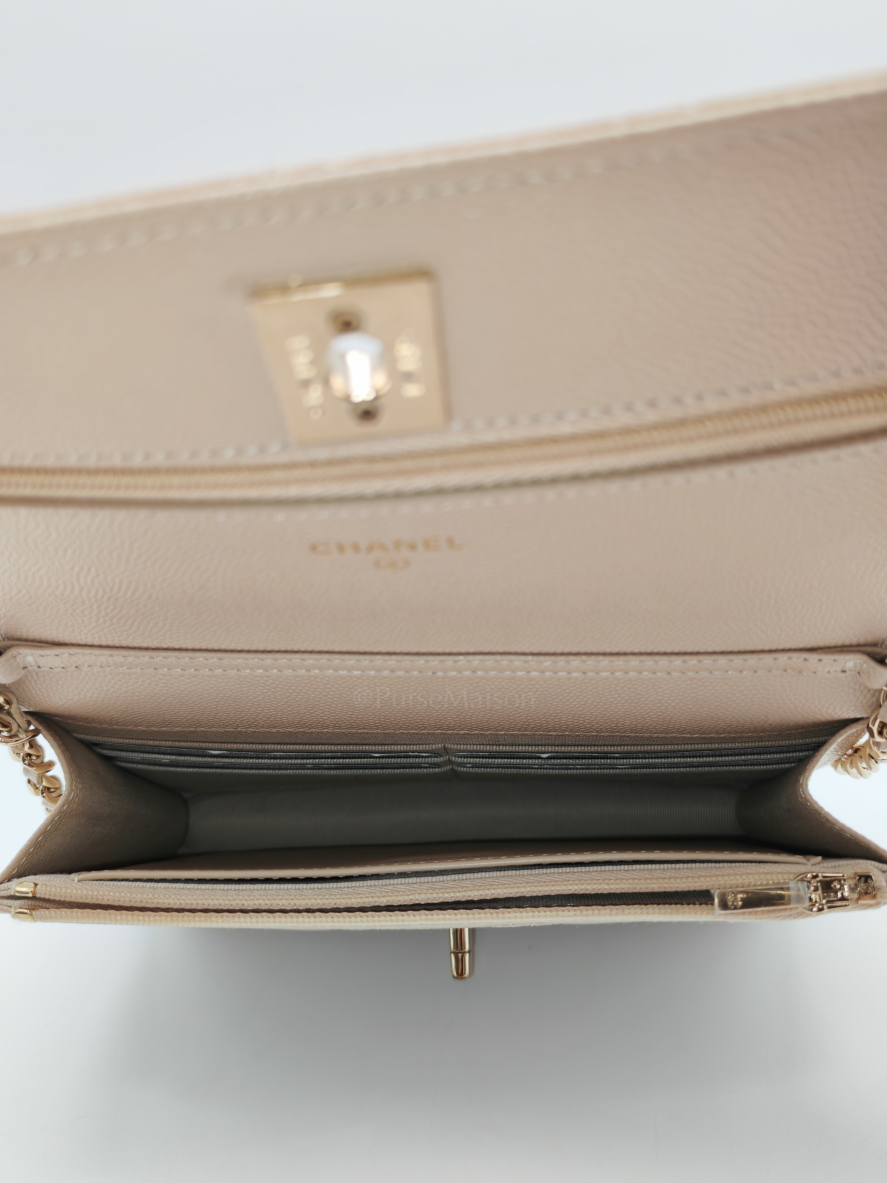 Wallet on Chain in Light Beige Quilted Caviar Leather & Light Gold Hardware Microchip | Purse Maison Luxury Bags Shop