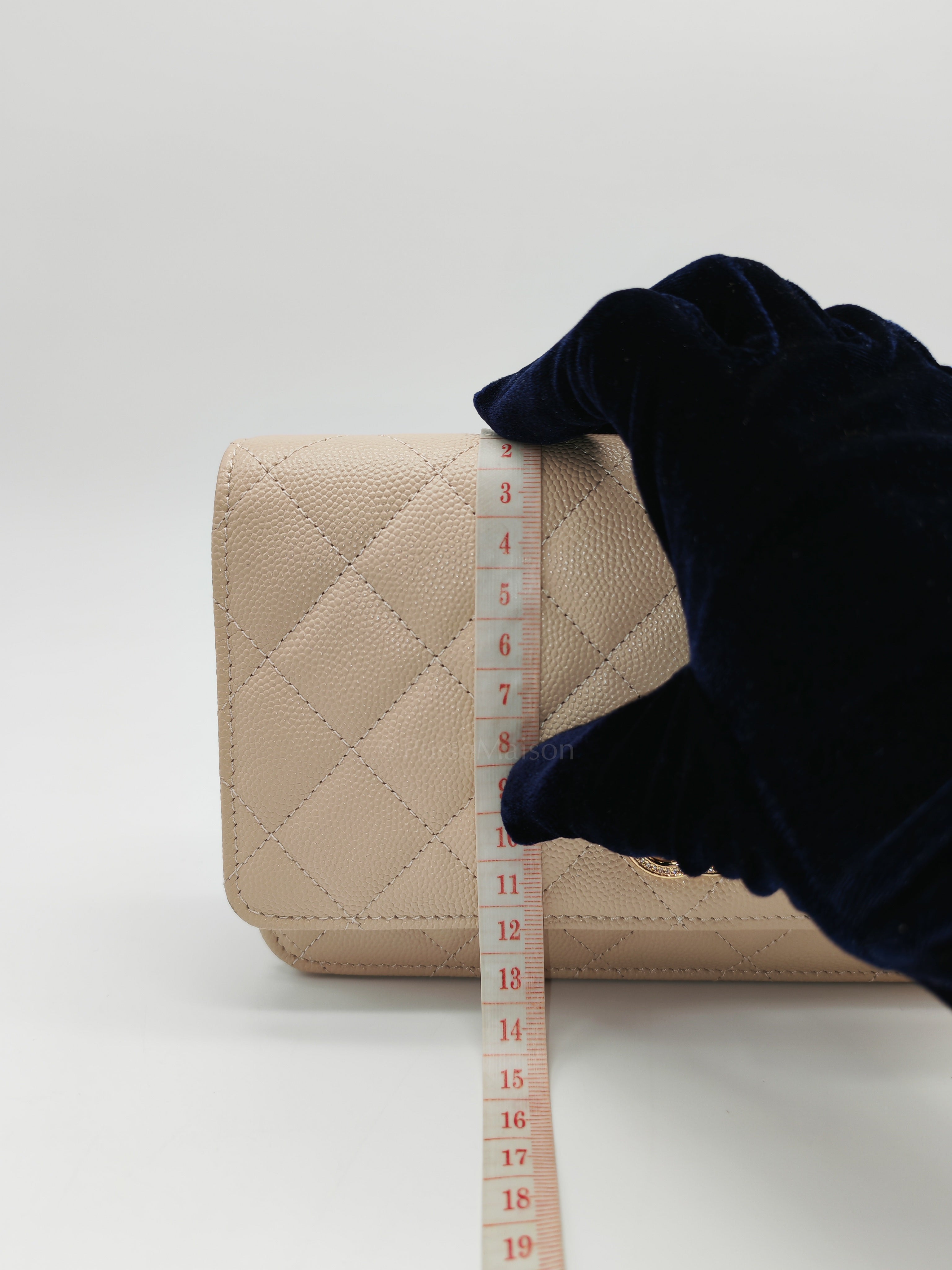 Wallet on Chain in Light Beige Quilted Caviar Leather & Light Gold Hardware Microchip | Purse Maison Luxury Bags Shop