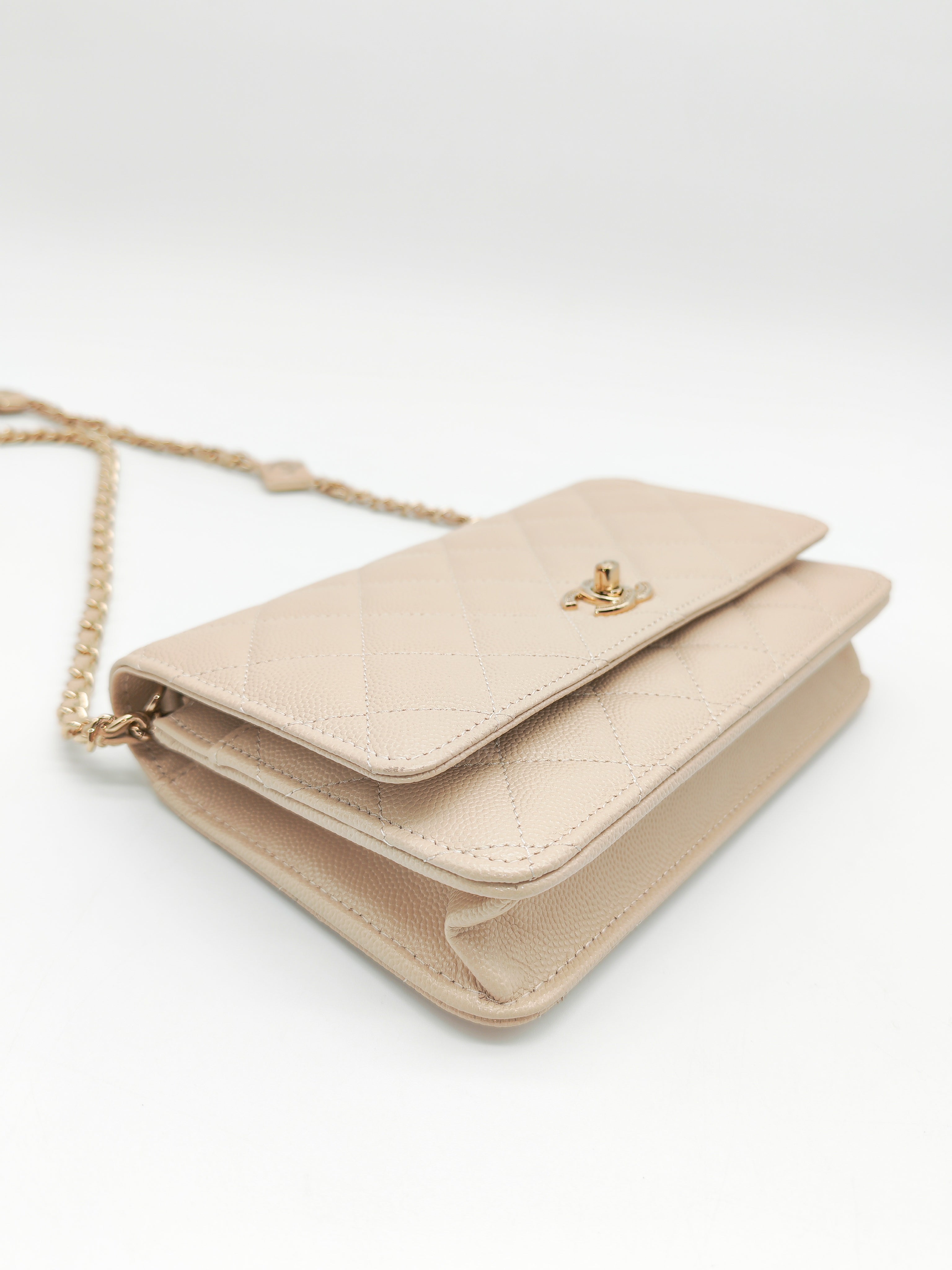 Wallet on Chain in Light Beige Quilted Caviar Leather & Light Gold Hardware Microchip | Purse Maison Luxury Bags Shop