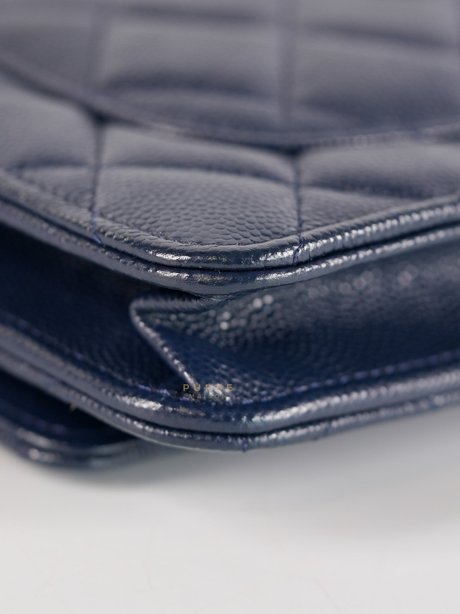 Wallet On Chain In Navy Blue Quilted Caviar Leather Light Gold Hardware Microchip | Purse Maison Luxury Bags Shop