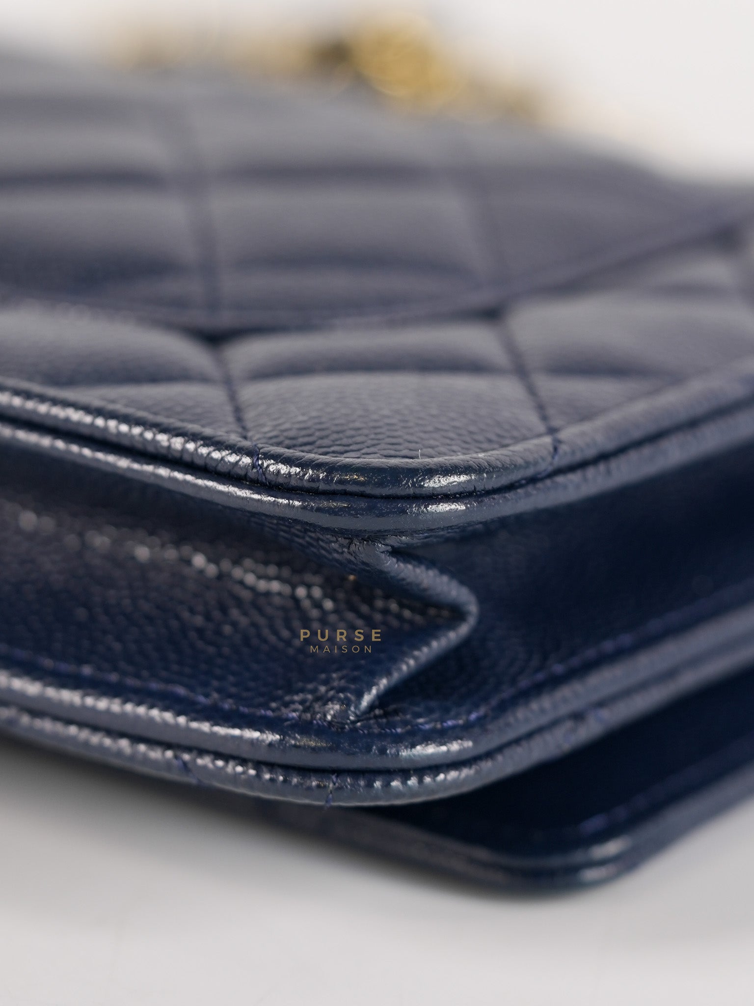 Wallet On Chain In Navy Blue Quilted Caviar Leather Light Gold Hardware Microchip | Purse Maison Luxury Bags Shop
