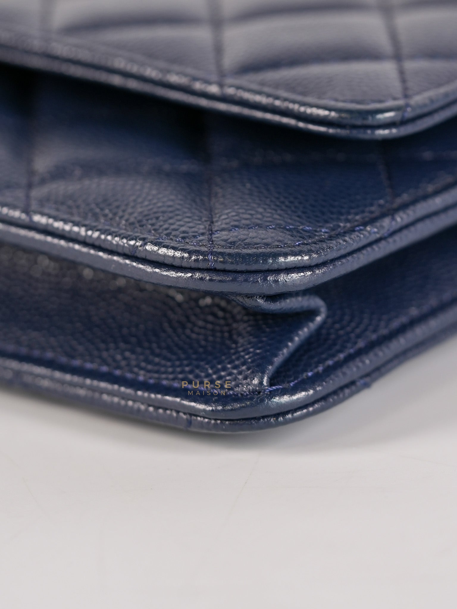 Wallet On Chain In Navy Blue Quilted Caviar Leather Light Gold Hardware Microchip | Purse Maison Luxury Bags Shop