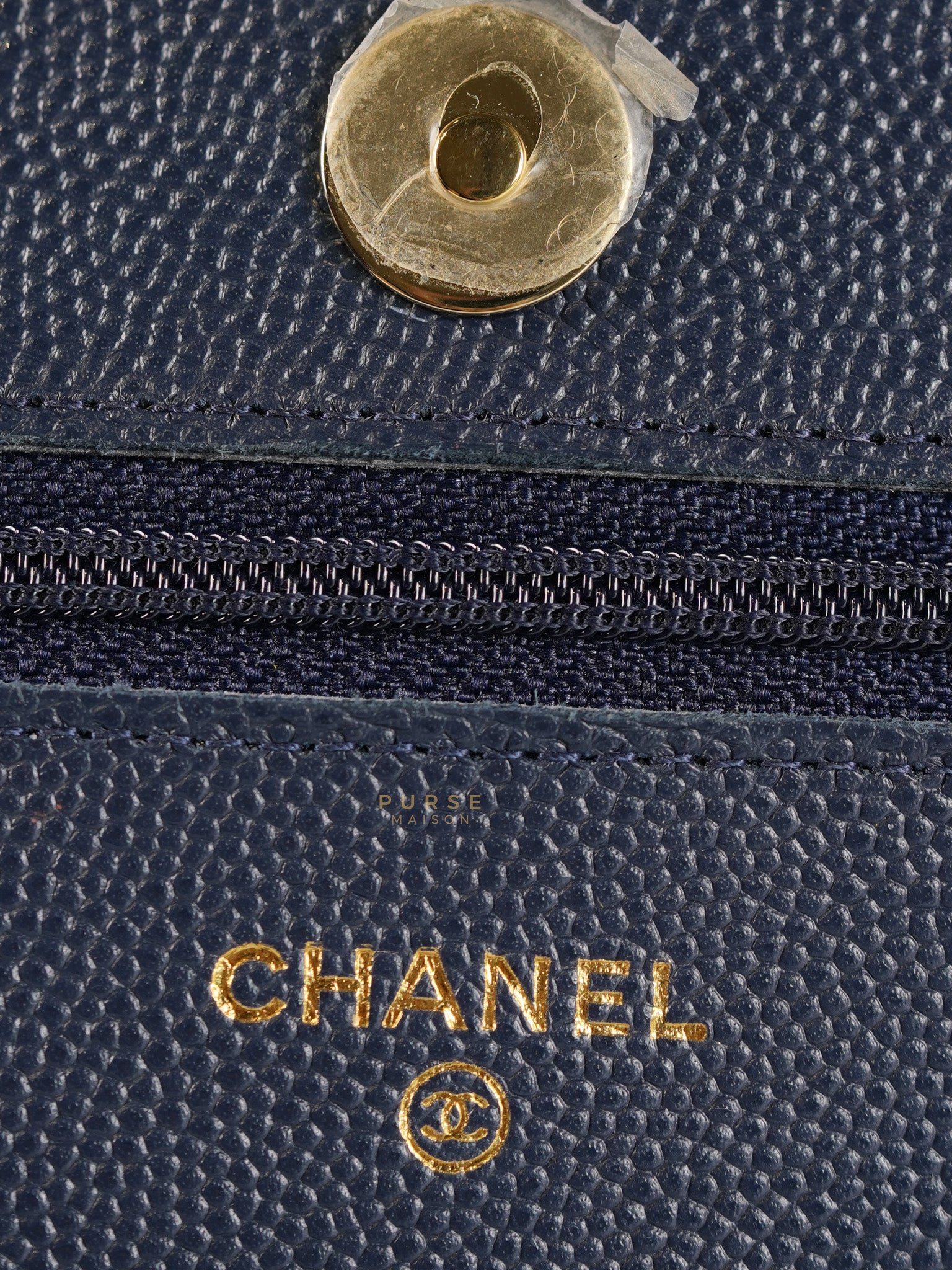 Wallet On Chain In Navy Blue Quilted Caviar Leather Light Gold Hardware Microchip | Purse Maison Luxury Bags Shop