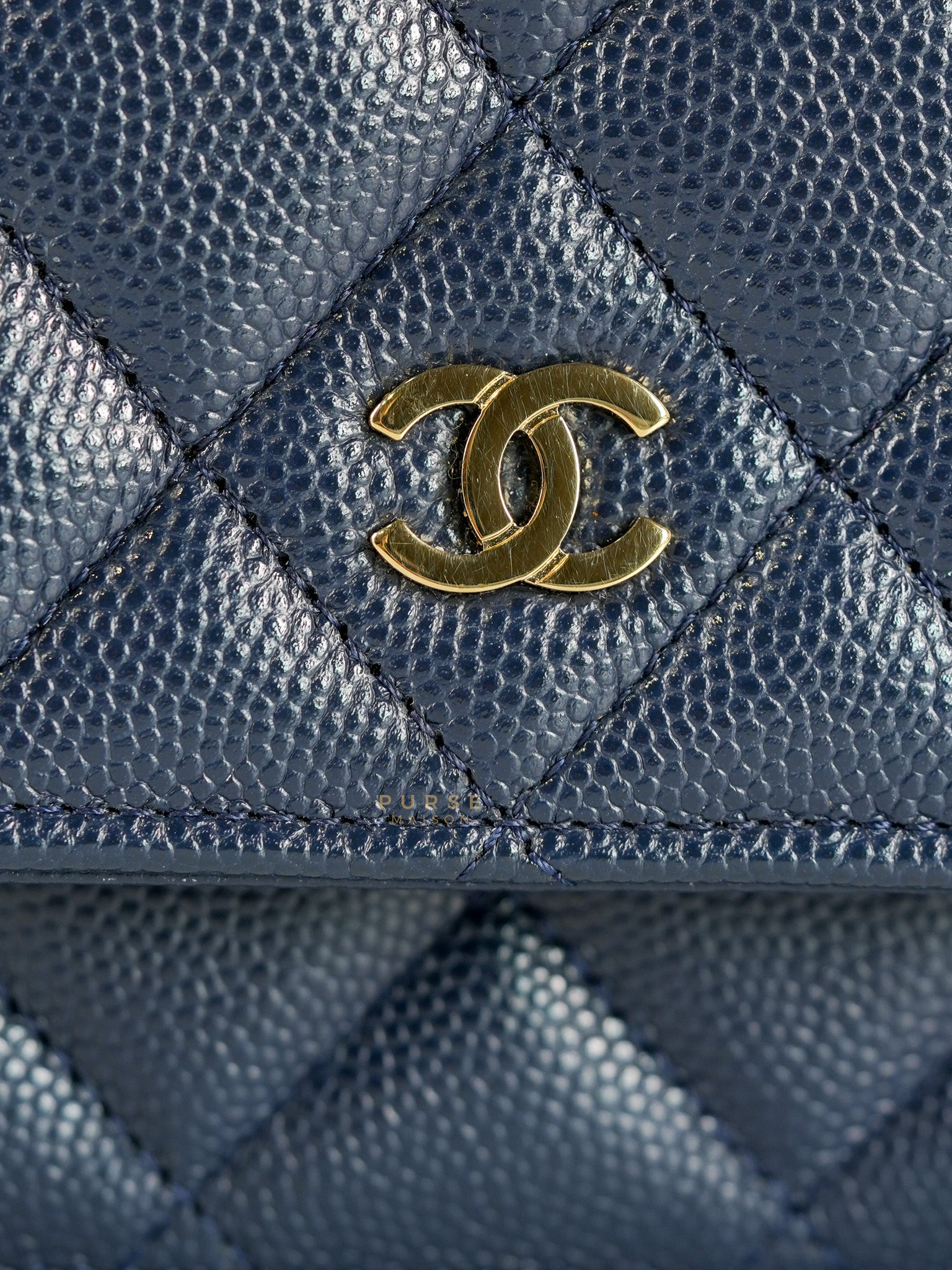 Wallet On Chain In Navy Blue Quilted Caviar Leather Light Gold Hardware Microchip | Purse Maison Luxury Bags Shop