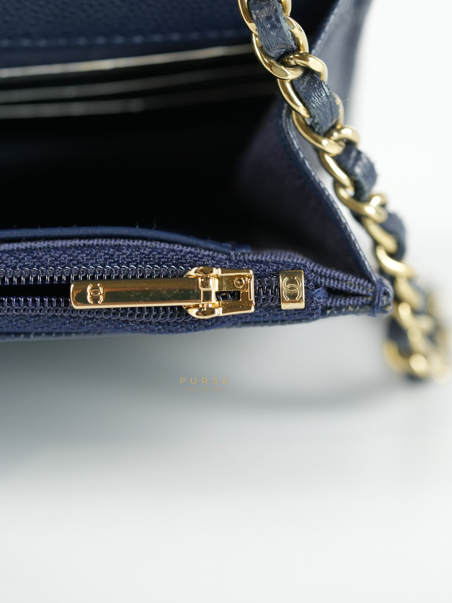 Wallet On Chain In Navy Blue Quilted Caviar Leather Light Gold Hardware Microchip | Purse Maison Luxury Bags Shop