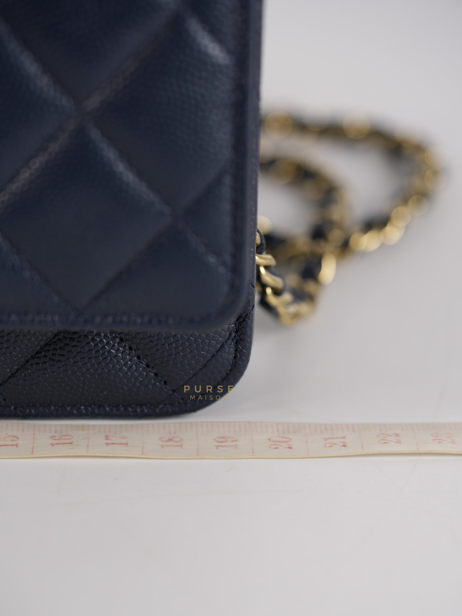 Wallet On Chain In Navy Blue Quilted Caviar Leather Light Gold Hardware Microchip | Purse Maison Luxury Bags Shop