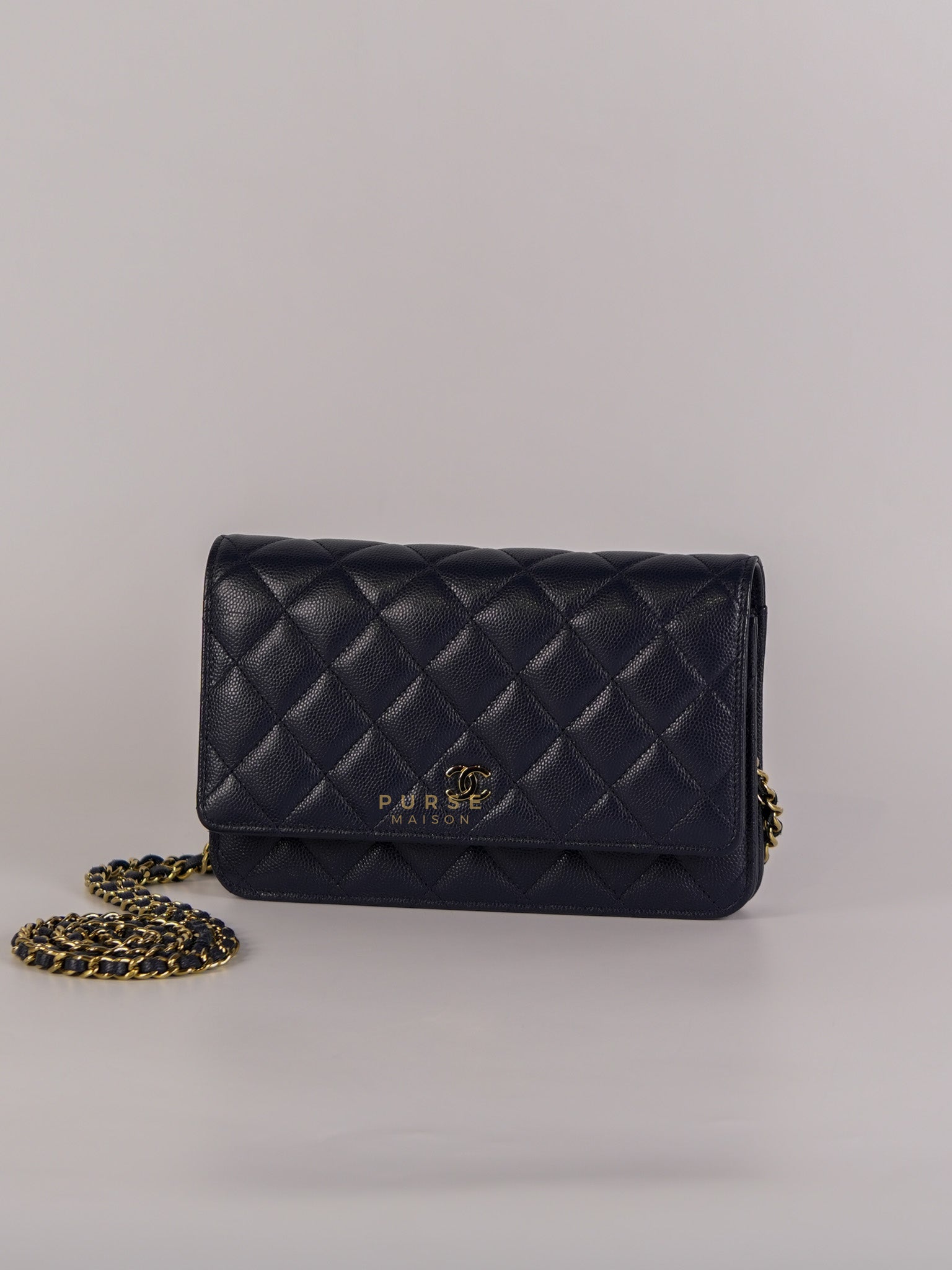Wallet On Chain In Navy Blue Quilted Caviar Leather Light Gold Hardware Microchip | Purse Maison Luxury Bags Shop