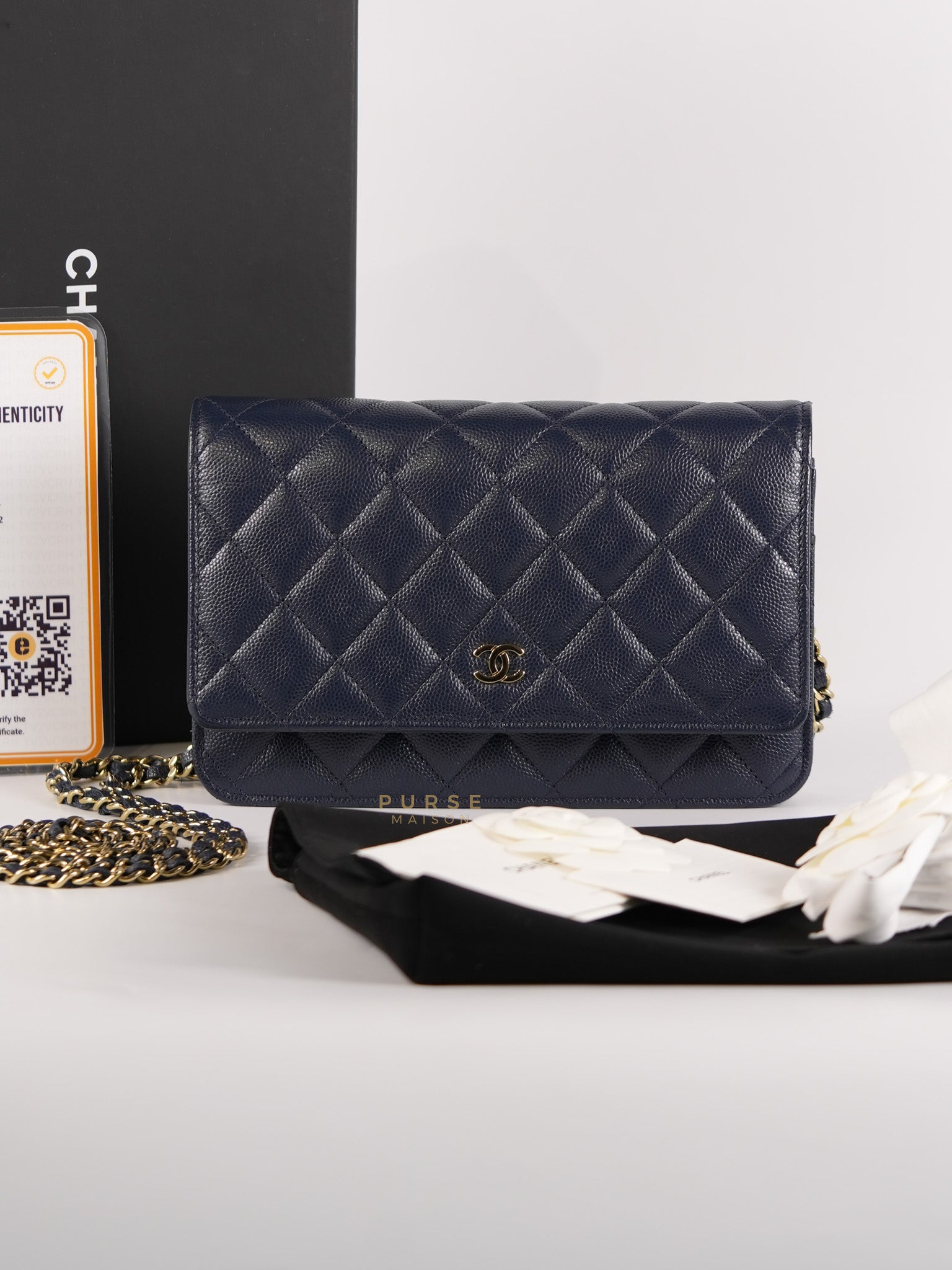 Wallet On Chain In Navy Blue Quilted Caviar Leather Light Gold Hardware Microchip | Purse Maison Luxury Bags Shop