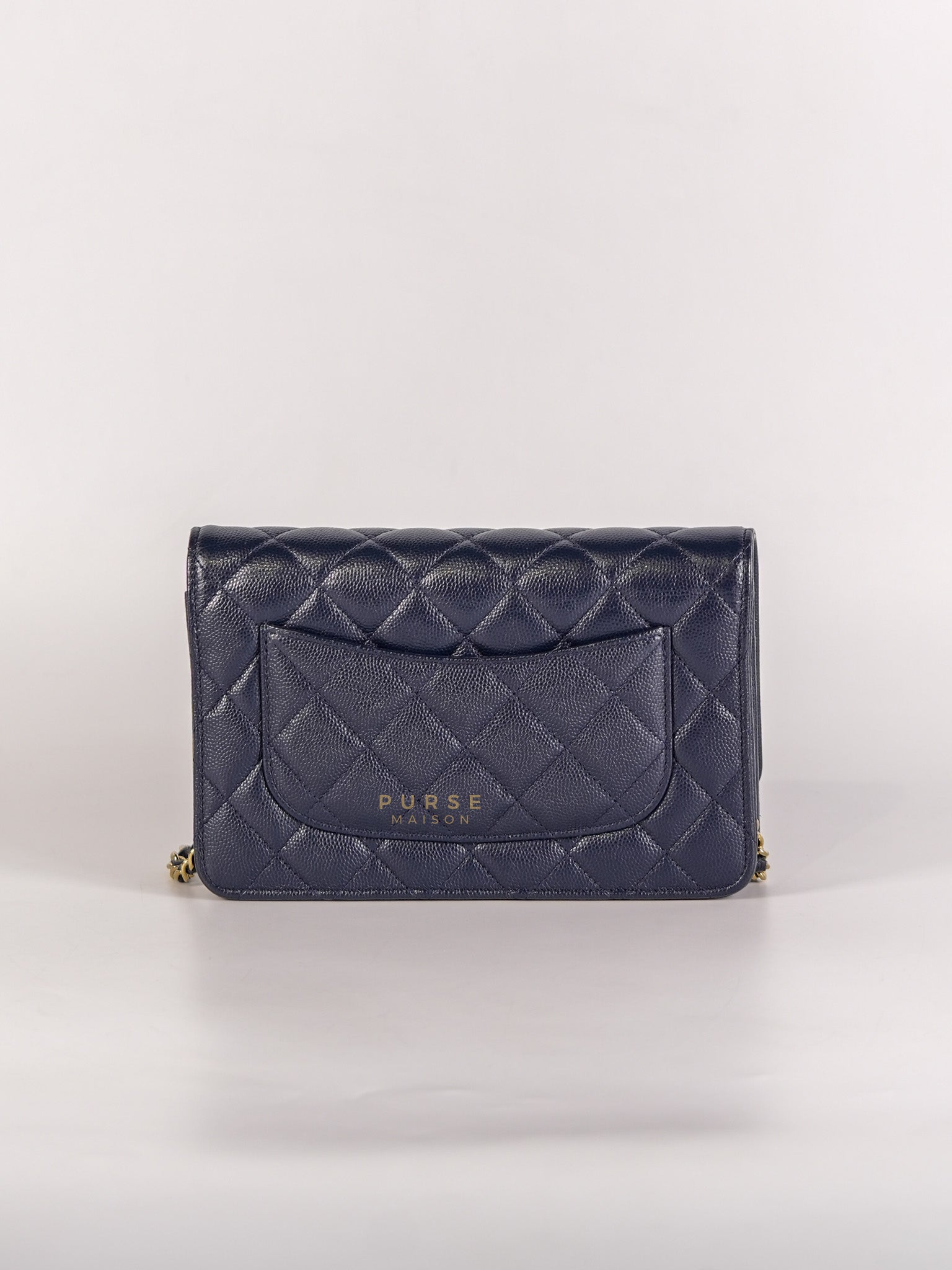 Wallet On Chain In Navy Blue Quilted Caviar Leather Light Gold Hardware Microchip | Purse Maison Luxury Bags Shop
