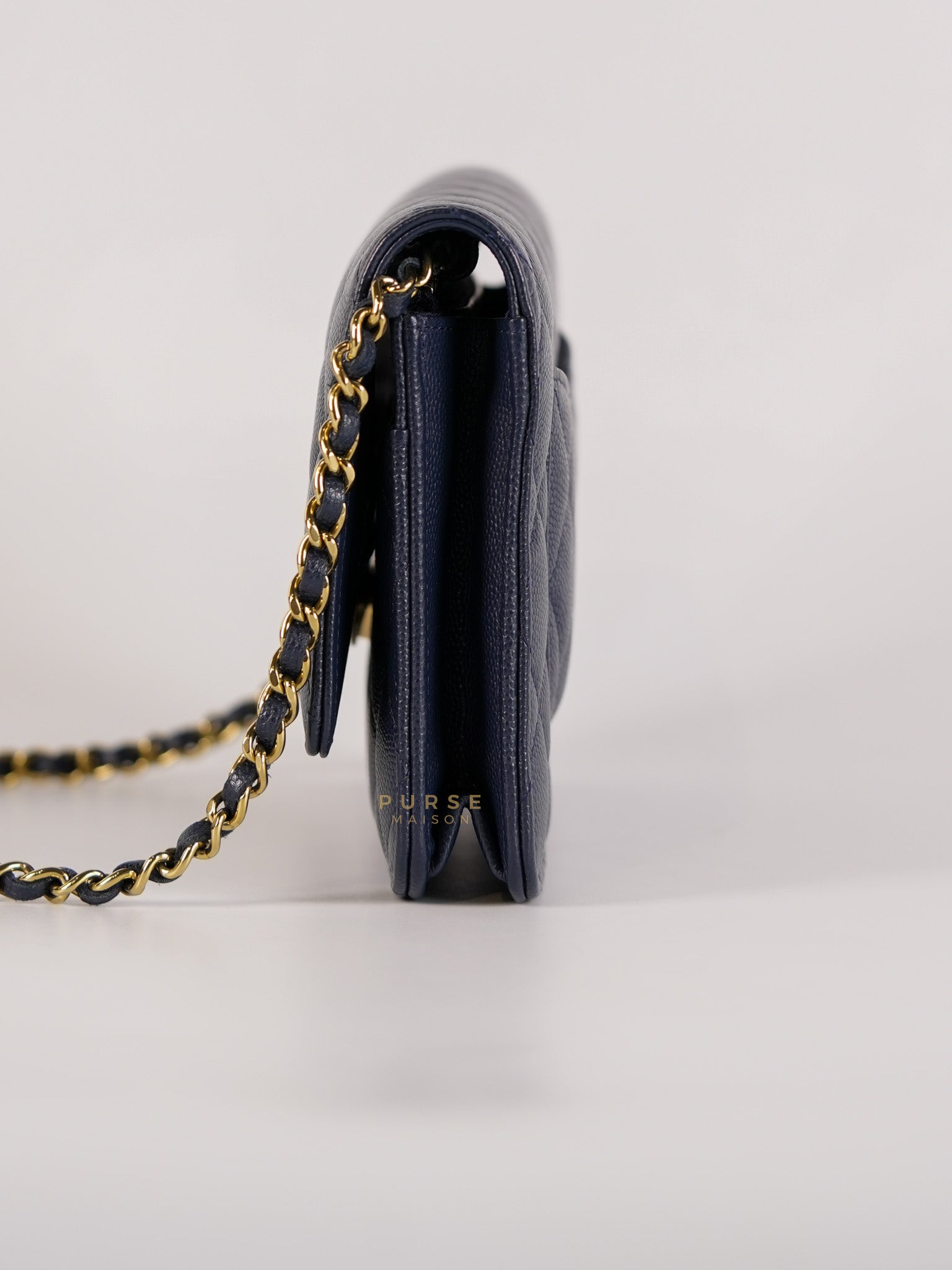 Wallet On Chain In Navy Blue Quilted Caviar Leather Light Gold Hardware Microchip | Purse Maison Luxury Bags Shop