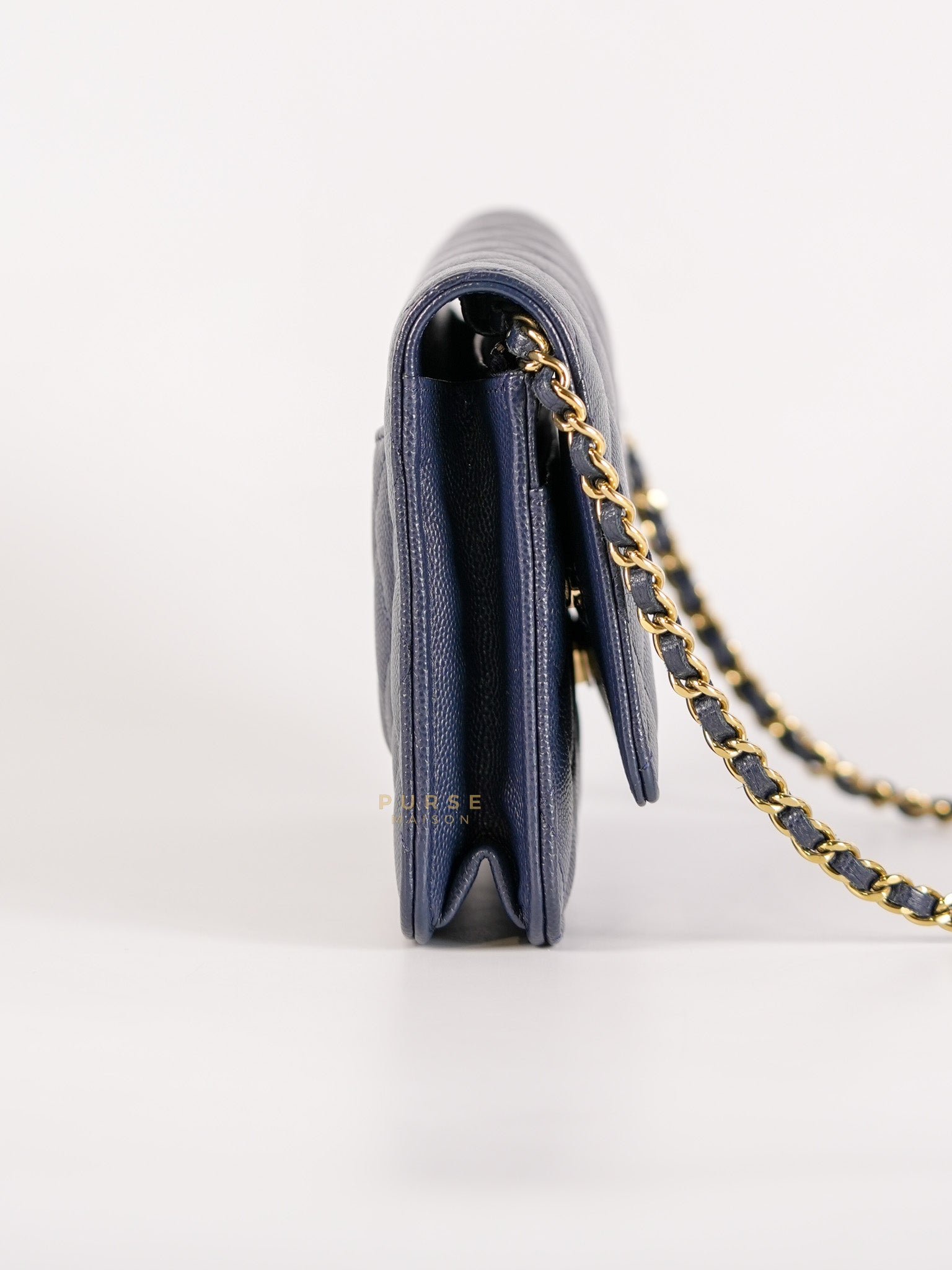 Wallet On Chain In Navy Blue Quilted Caviar Leather Light Gold Hardware Microchip | Purse Maison Luxury Bags Shop