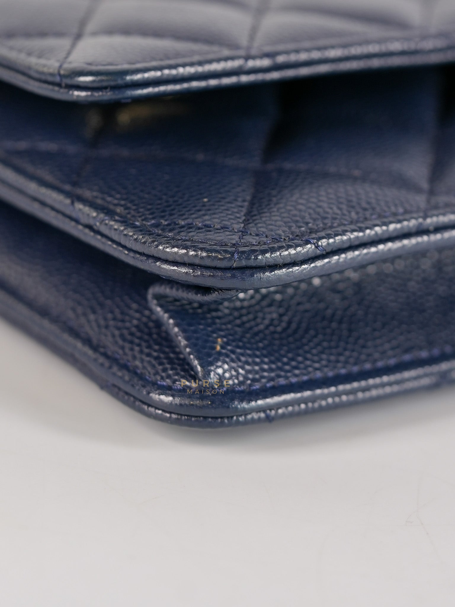 Wallet On Chain In Navy Blue Quilted Caviar Leather Light Gold Hardware Microchip | Purse Maison Luxury Bags Shop