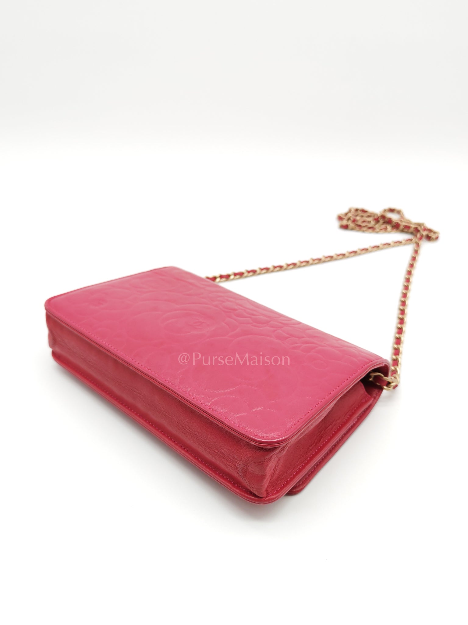 Wallet On Chain (WOC) Camellia Flap Fuchsia Calfskin and Aged Gold Hardware Series 16 | Purse Maison Luxury Bags Shop