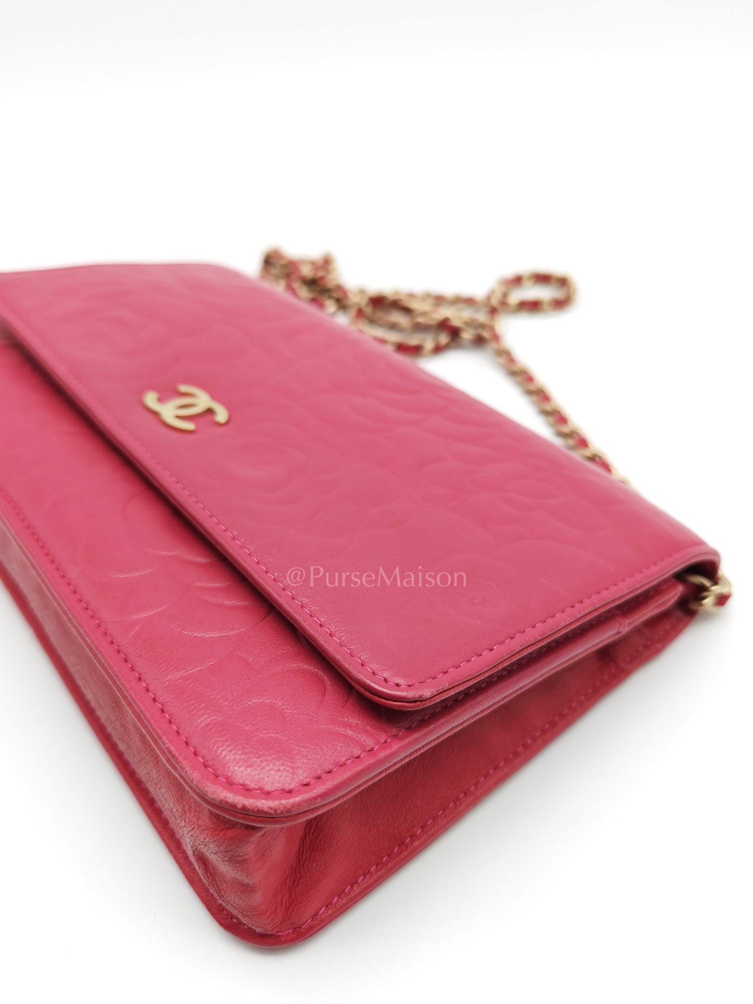 Wallet On Chain (WOC) Camellia Flap Fuchsia Calfskin and Aged Gold Hardware Series 16 | Purse Maison Luxury Bags Shop