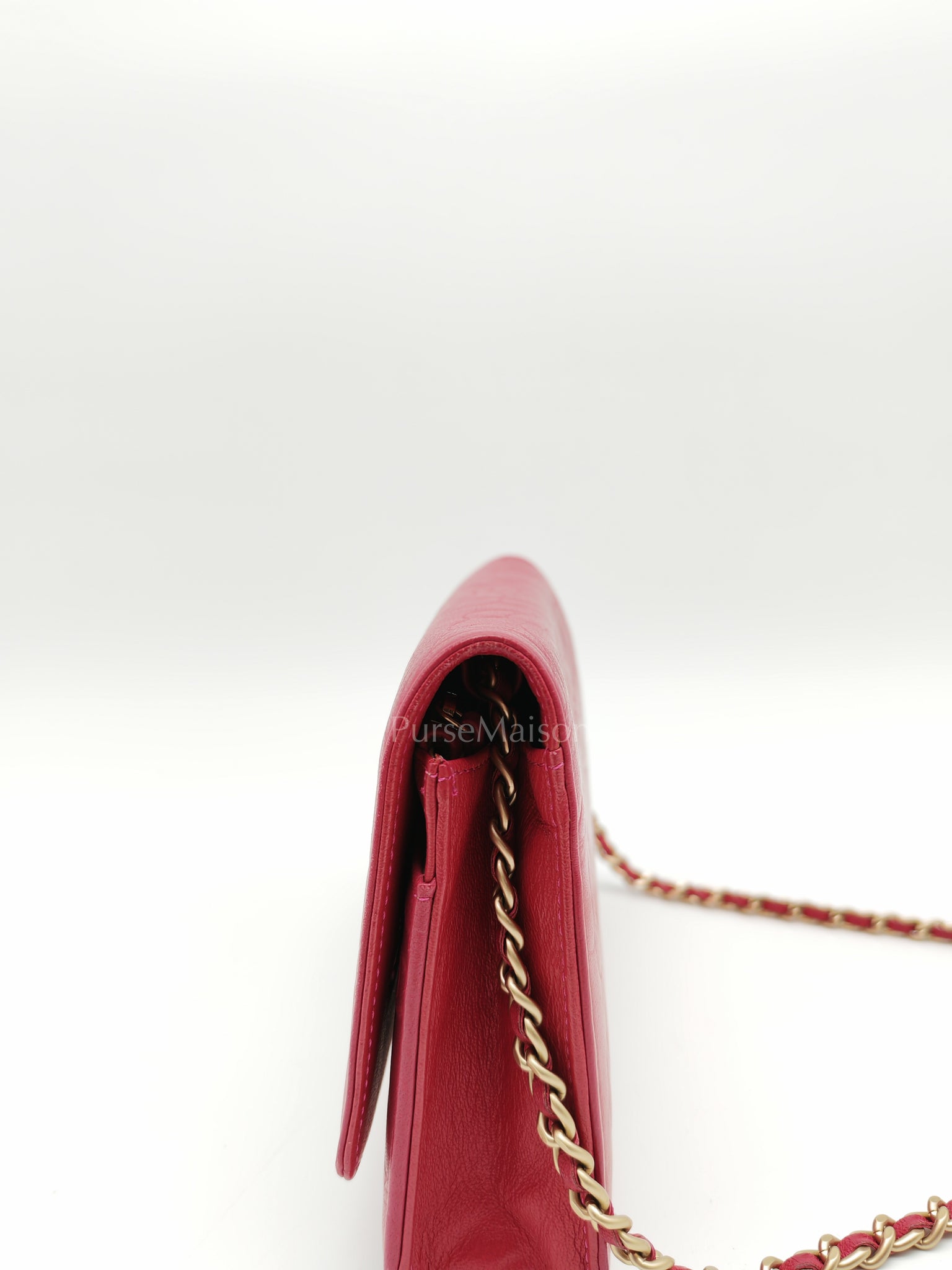 Wallet On Chain (WOC) Camellia Flap Fuchsia Calfskin and Aged Gold Hardware Series 16 | Purse Maison Luxury Bags Shop