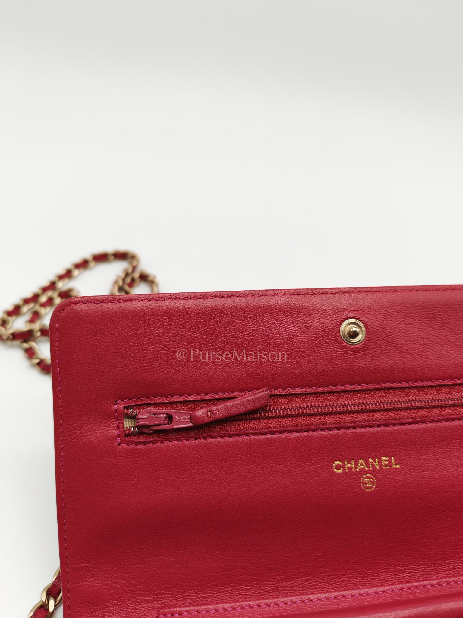 Wallet On Chain (WOC) Camellia Flap Fuchsia Calfskin and Aged Gold Hardware Series 16 | Purse Maison Luxury Bags Shop