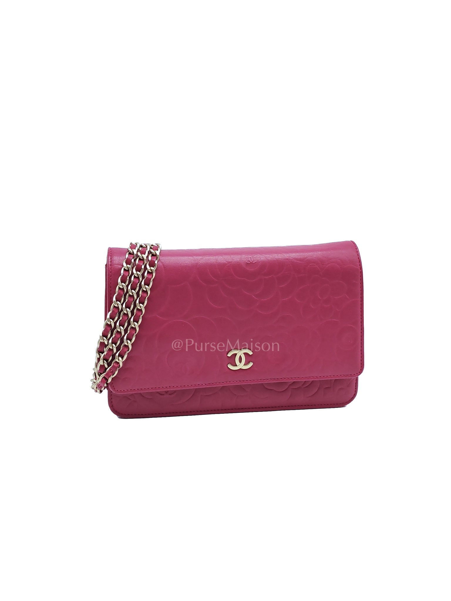 Wallet On Chain (WOC) Camellia Flap Fuchsia Calfskin and Aged Gold Hardware Series 16 | Purse Maison Luxury Bags Shop