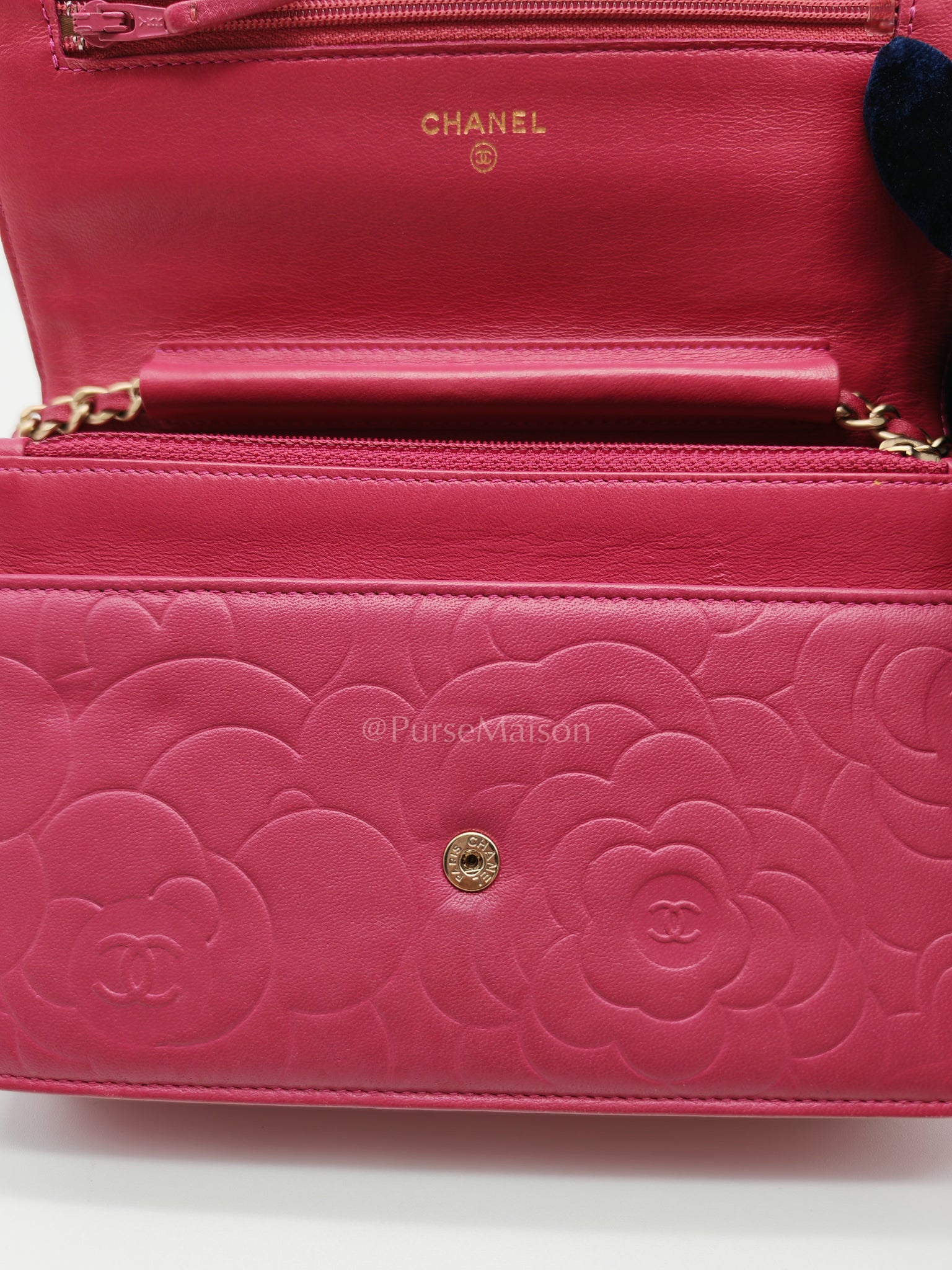 Wallet On Chain (WOC) Camellia Flap Fuchsia Calfskin and Aged Gold Hardware Series 16 | Purse Maison Luxury Bags Shop