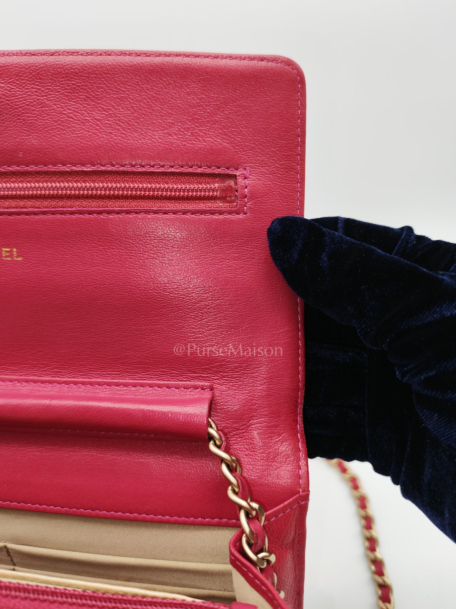 Wallet On Chain (WOC) Camellia Flap Fuchsia Calfskin and Aged Gold Hardware Series 16 | Purse Maison Luxury Bags Shop