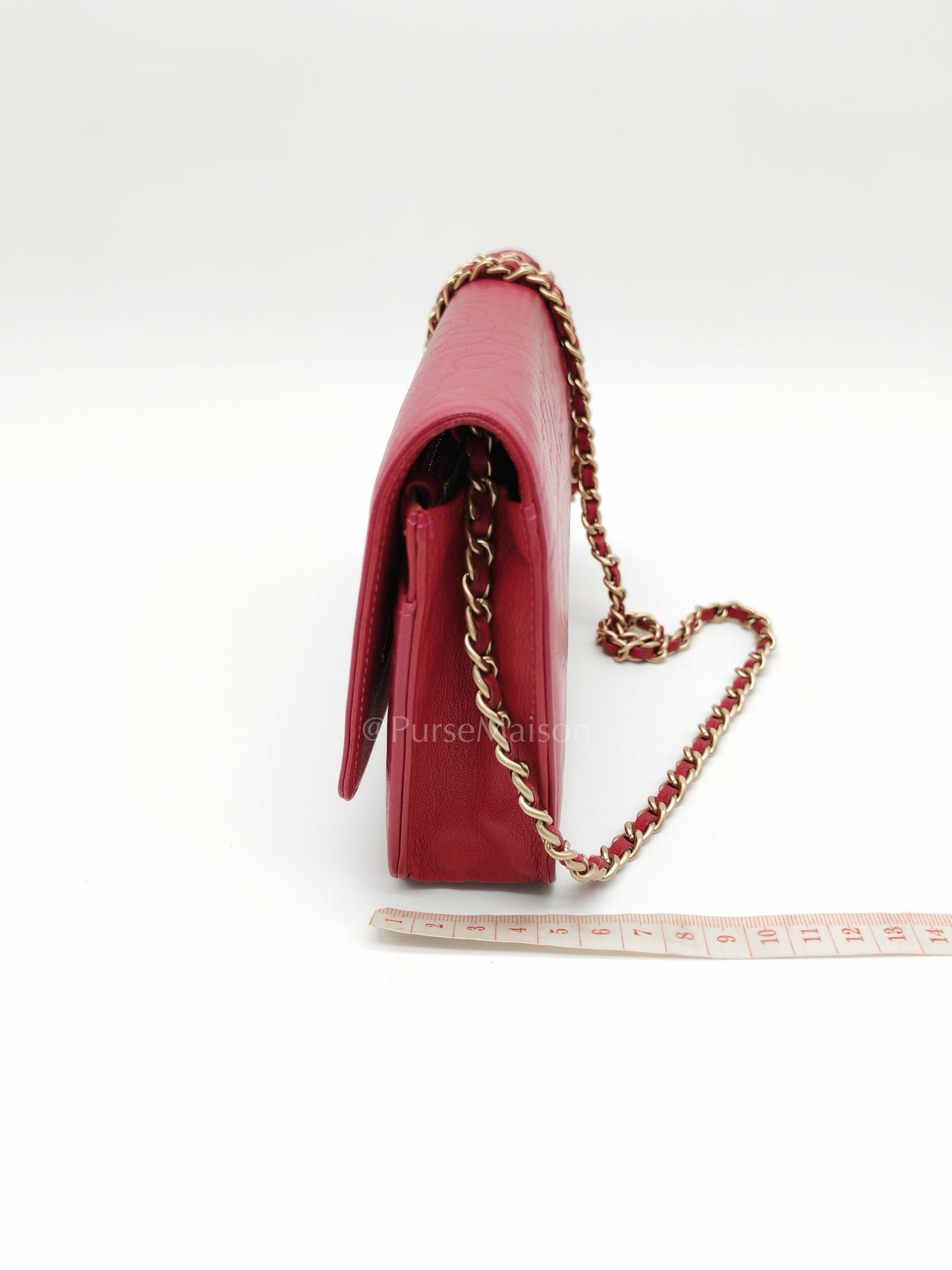 Wallet On Chain (WOC) Camellia Flap Fuchsia Calfskin and Aged Gold Hardware Series 16 | Purse Maison Luxury Bags Shop