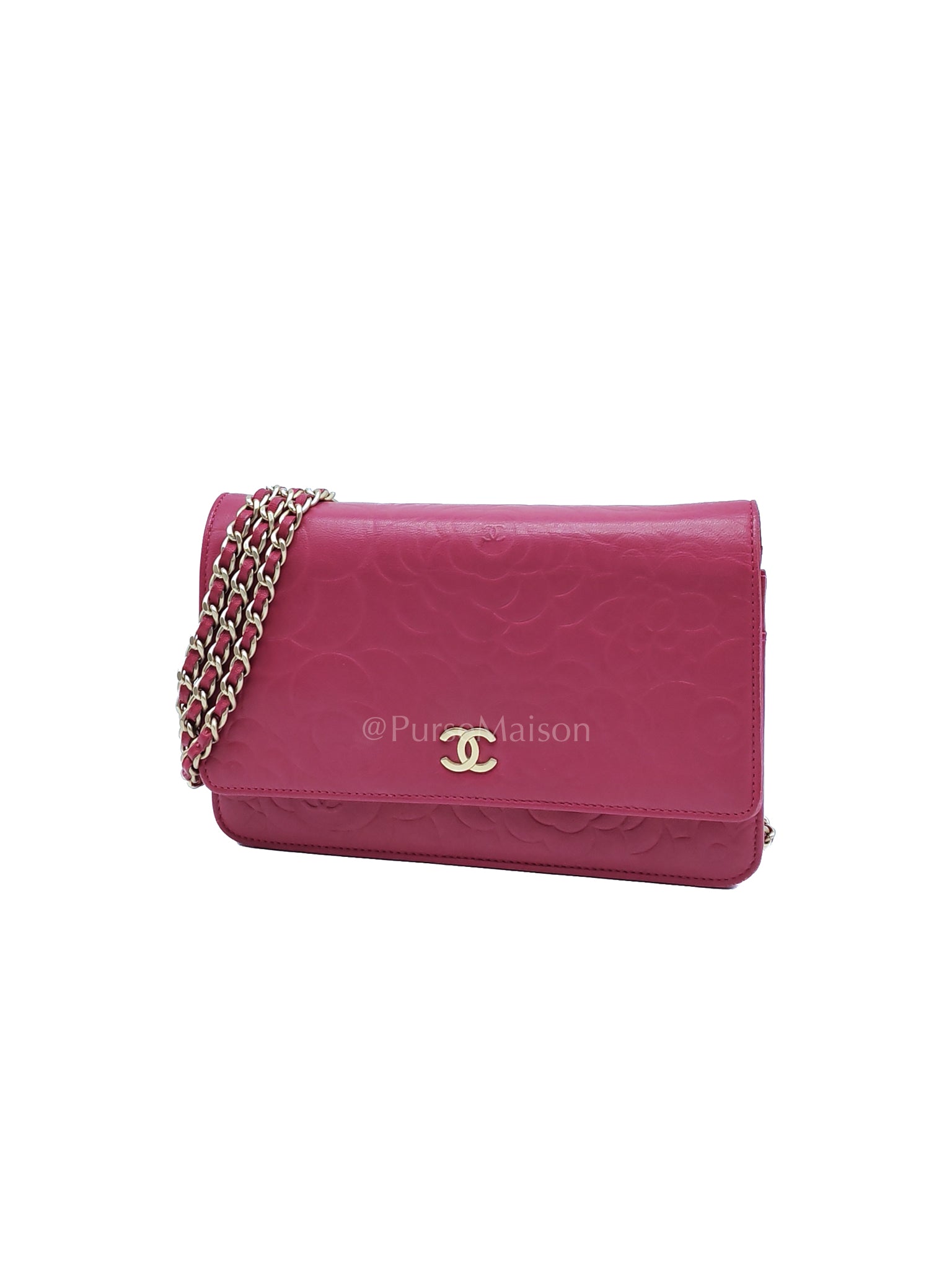 Wallet On Chain (WOC) Camellia Flap Fuchsia Calfskin and Aged Gold Hardware Series 16 | Purse Maison Luxury Bags Shop
