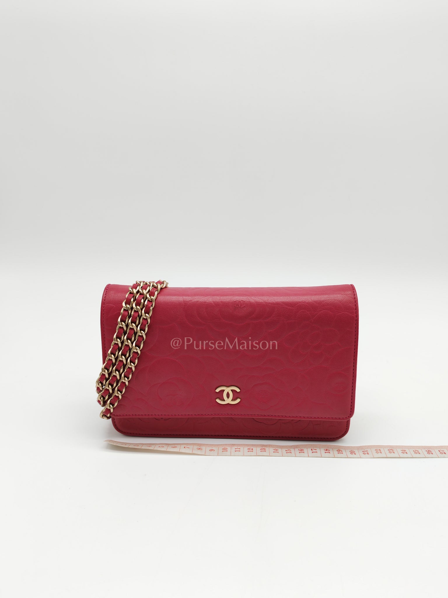 Wallet On Chain (WOC) Camellia Flap Fuchsia Calfskin and Aged Gold Hardware Series 16 | Purse Maison Luxury Bags Shop