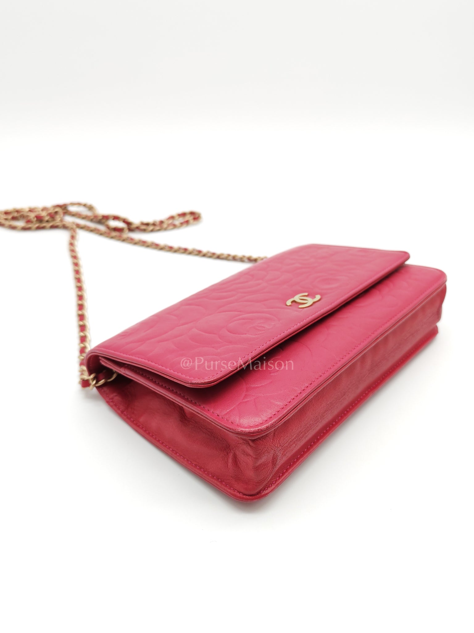 Wallet On Chain (WOC) Camellia Flap Fuchsia Calfskin and Aged Gold Hardware Series 16 | Purse Maison Luxury Bags Shop
