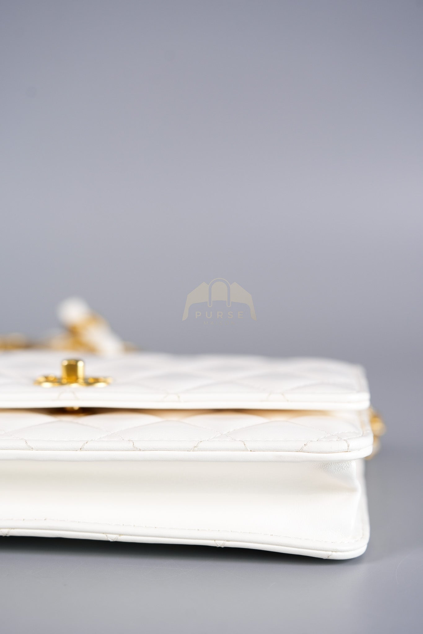 Wallet On Chain (WOC) Double Chain in White Lambskin Leather and Aged Gold Hardware (Microchip) | Purse Maison Luxury Bags Shop