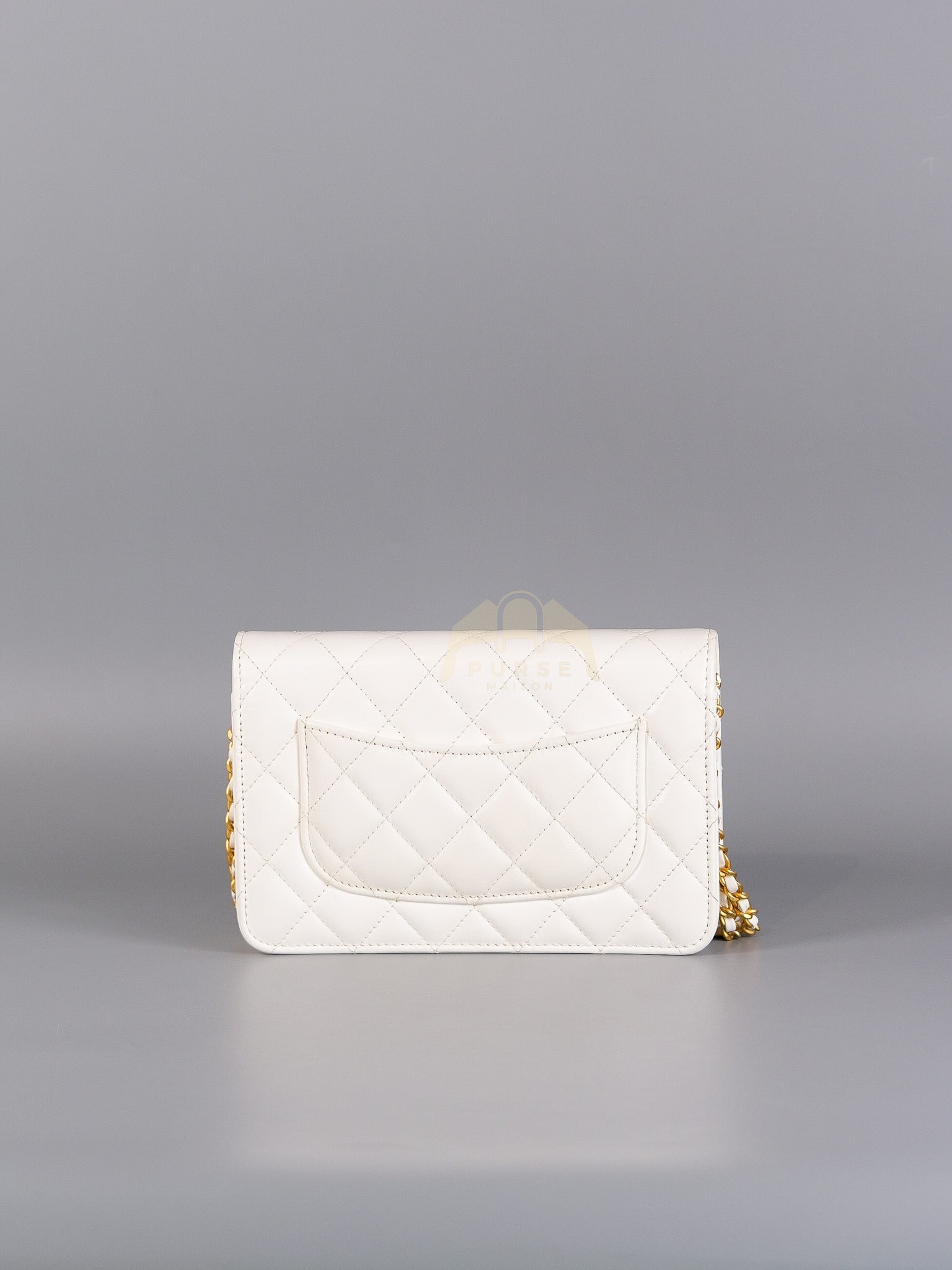 Wallet On Chain (WOC) Double Chain in White Lambskin Leather and Aged Gold Hardware (Microchip) | Purse Maison Luxury Bags Shop