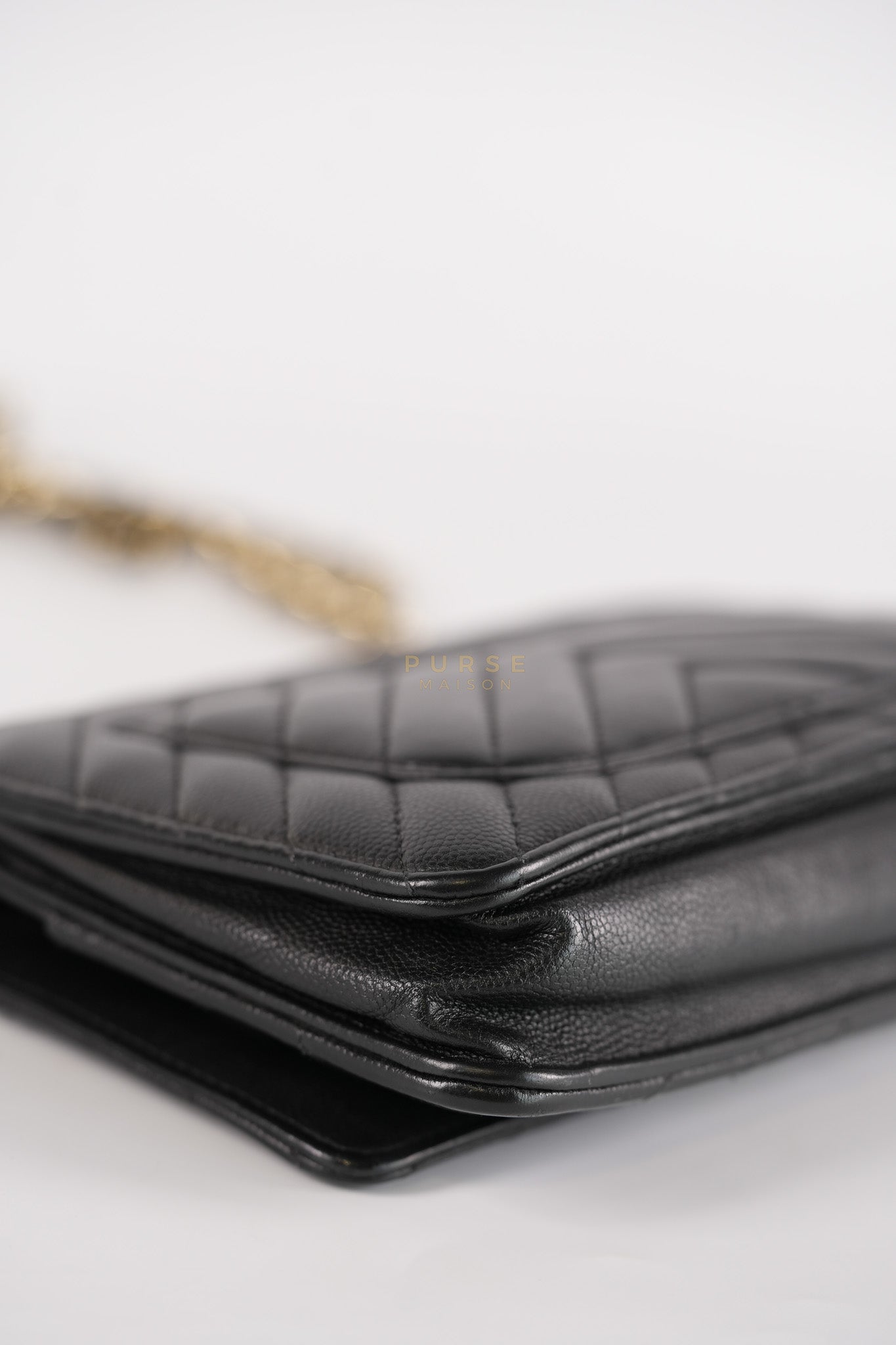 Wallet On Chain (WOC) in Black Caviar Chevron Leather and Gold Hardware Series 27 | Purse Maison Luxury Bags Shop