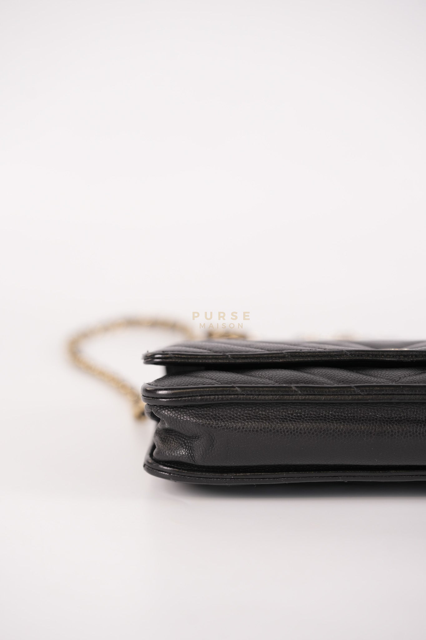 Wallet On Chain (WOC) in Black Caviar Chevron Leather and Gold Hardware Series 27 | Purse Maison Luxury Bags Shop