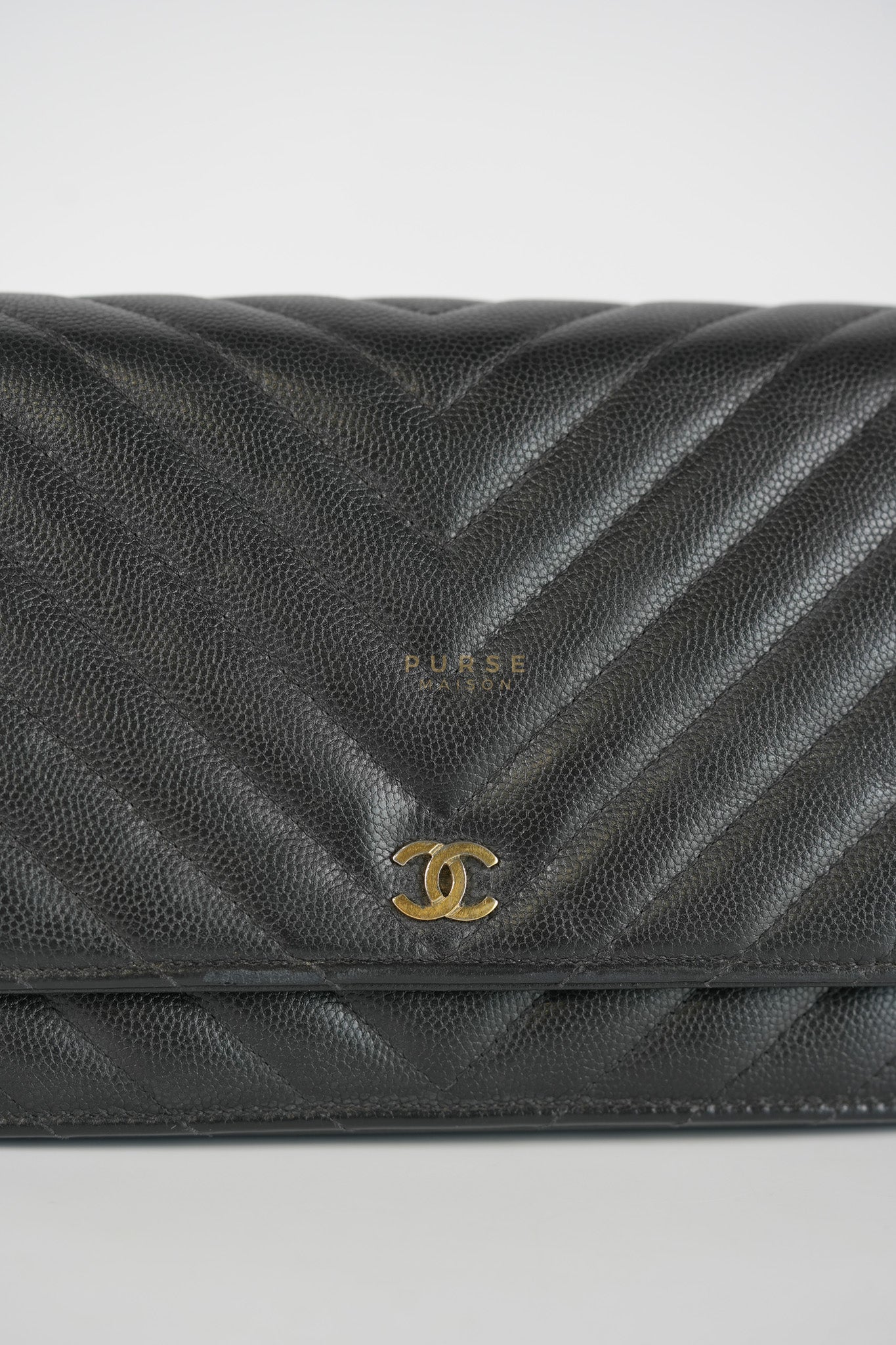 Wallet On Chain (WOC) in Black Caviar Chevron Leather and Gold Hardware Series 27 | Purse Maison Luxury Bags Shop