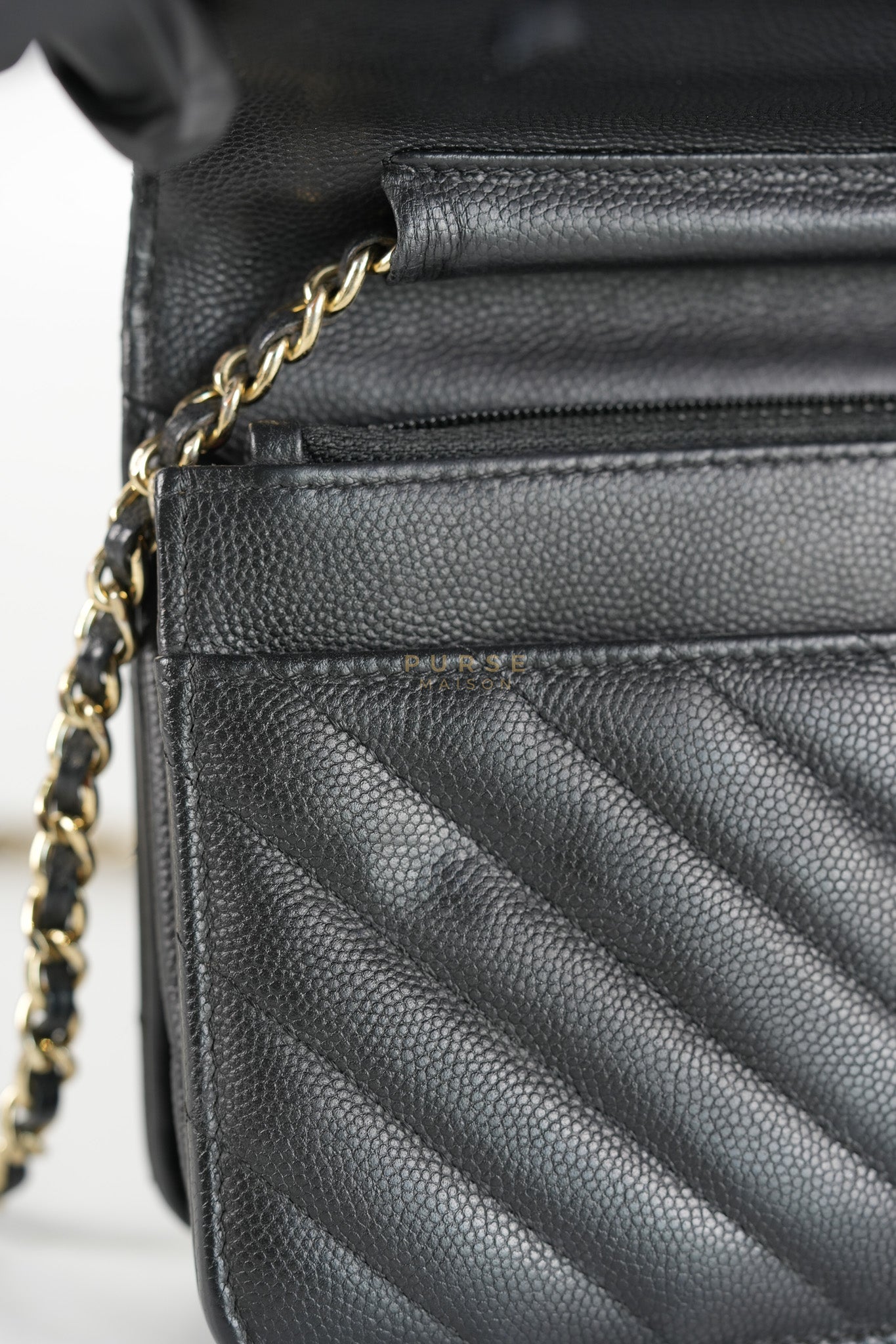 Wallet On Chain (WOC) in Black Caviar Chevron Leather and Gold Hardware Series 27 | Purse Maison Luxury Bags Shop